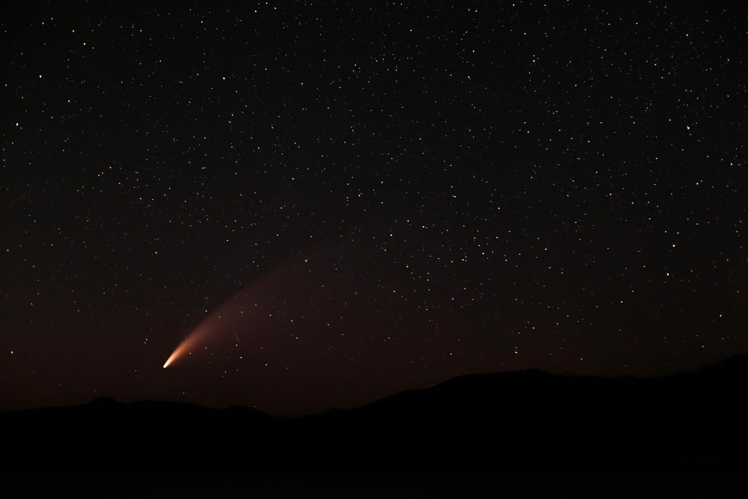 Comet NEOWISE tail, Starry night sky, Dark mountain silhouette Comet NEOWISE tail, Starry night sky, Dark mountain silhouette — 2560×1707 HD wallpaper