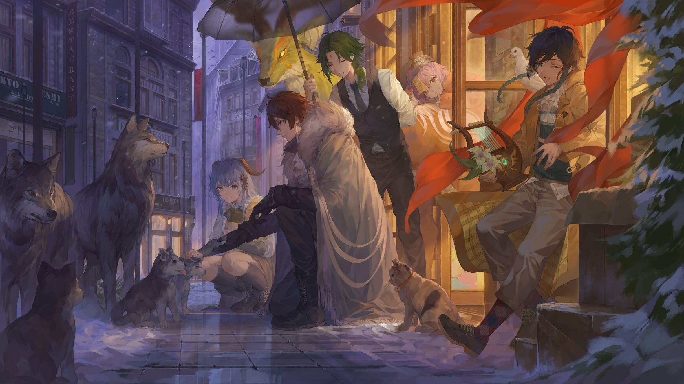 Diluc and Venti, Wolves and cats street, Rainy city umbrella scene — 2362×1328 HD wallpaper