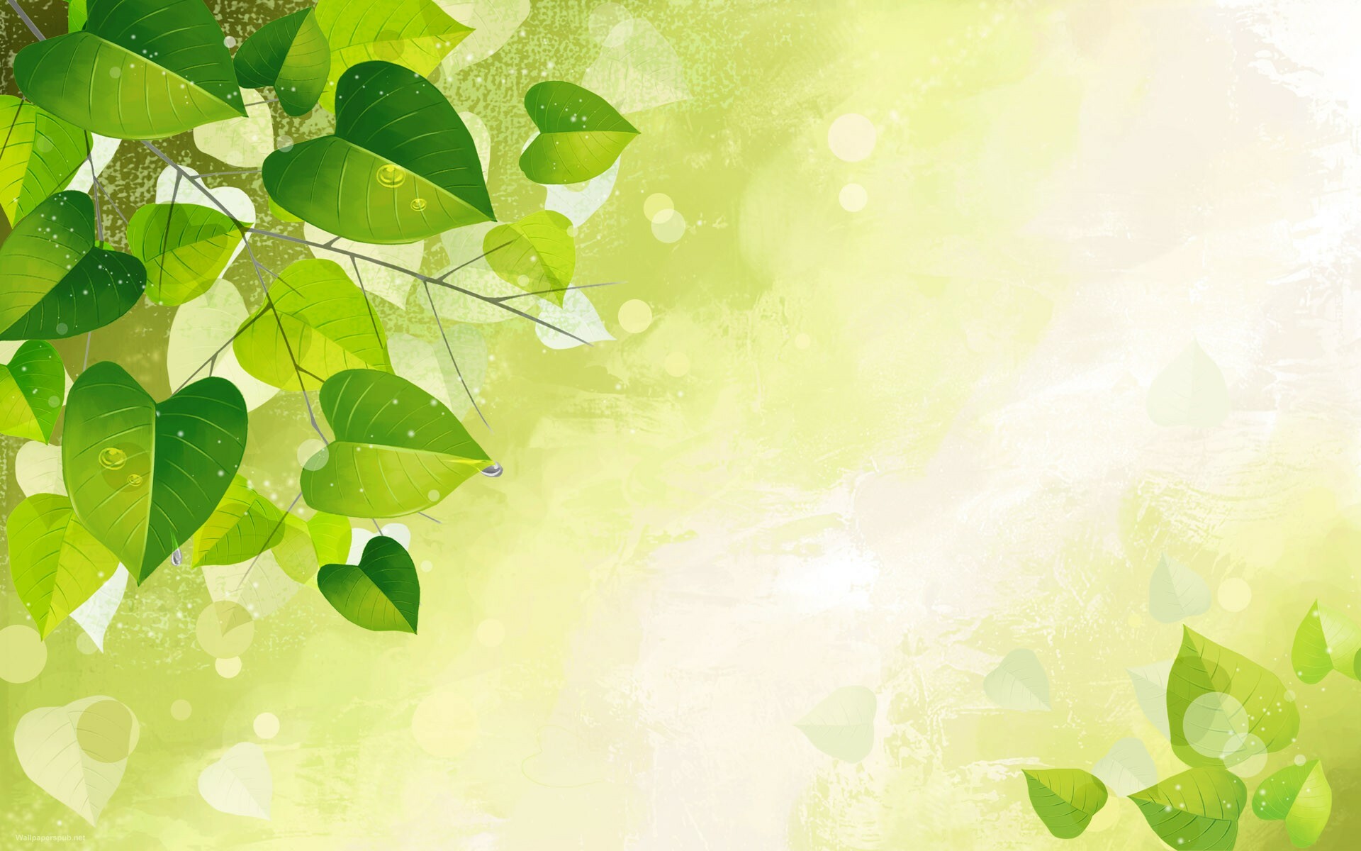 Heart-shaped green leaves, Dewdrops on leaves, Bokeh watercolor backdrop — 1920×1200 HD wallpaper