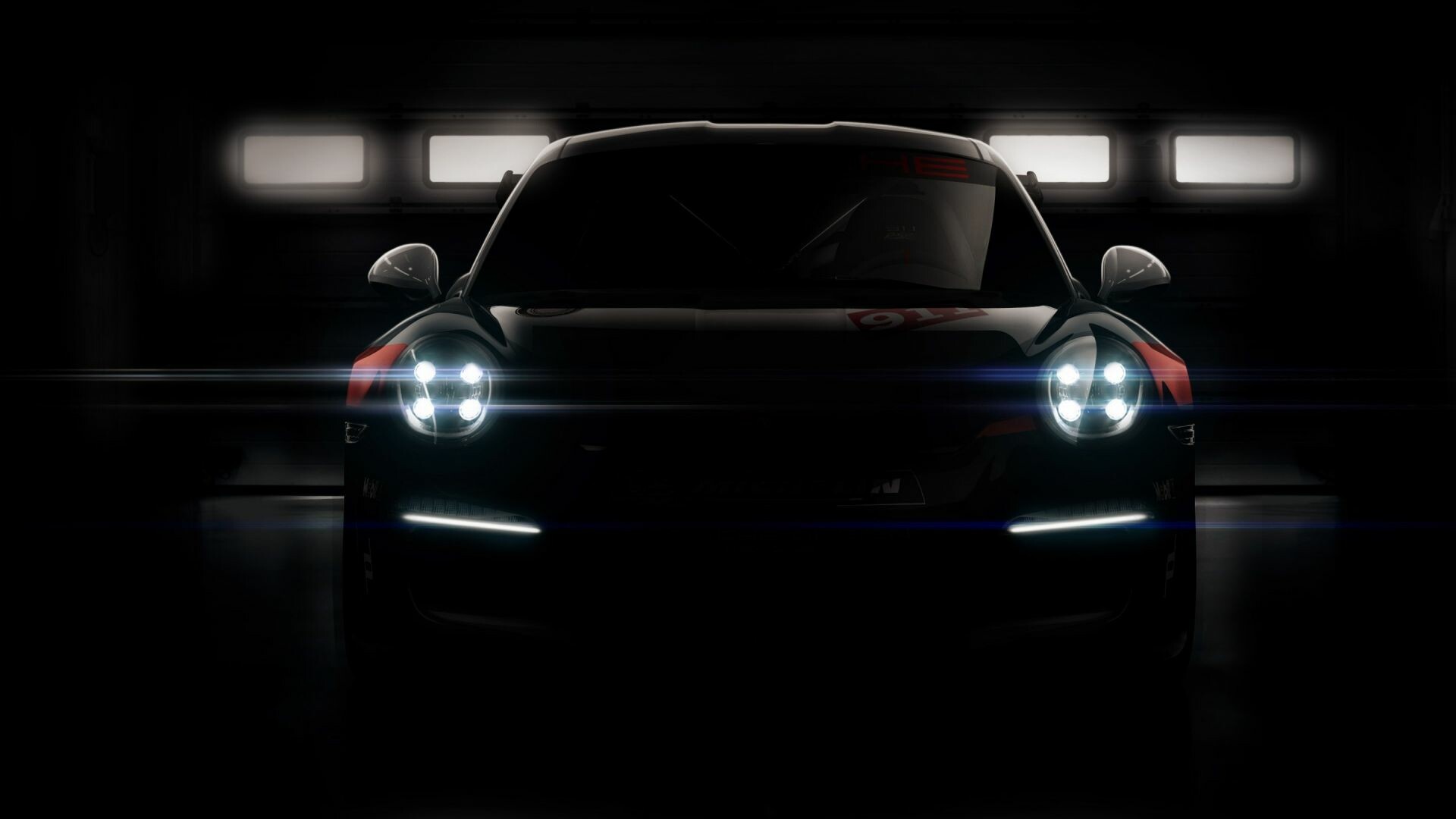 911 GT3 R, Glowing LED headlights, Blacked-out front view 911 GT3 R, Glowing LED headlights, Blacked-out front view — 1920×1080 HD wallpaper