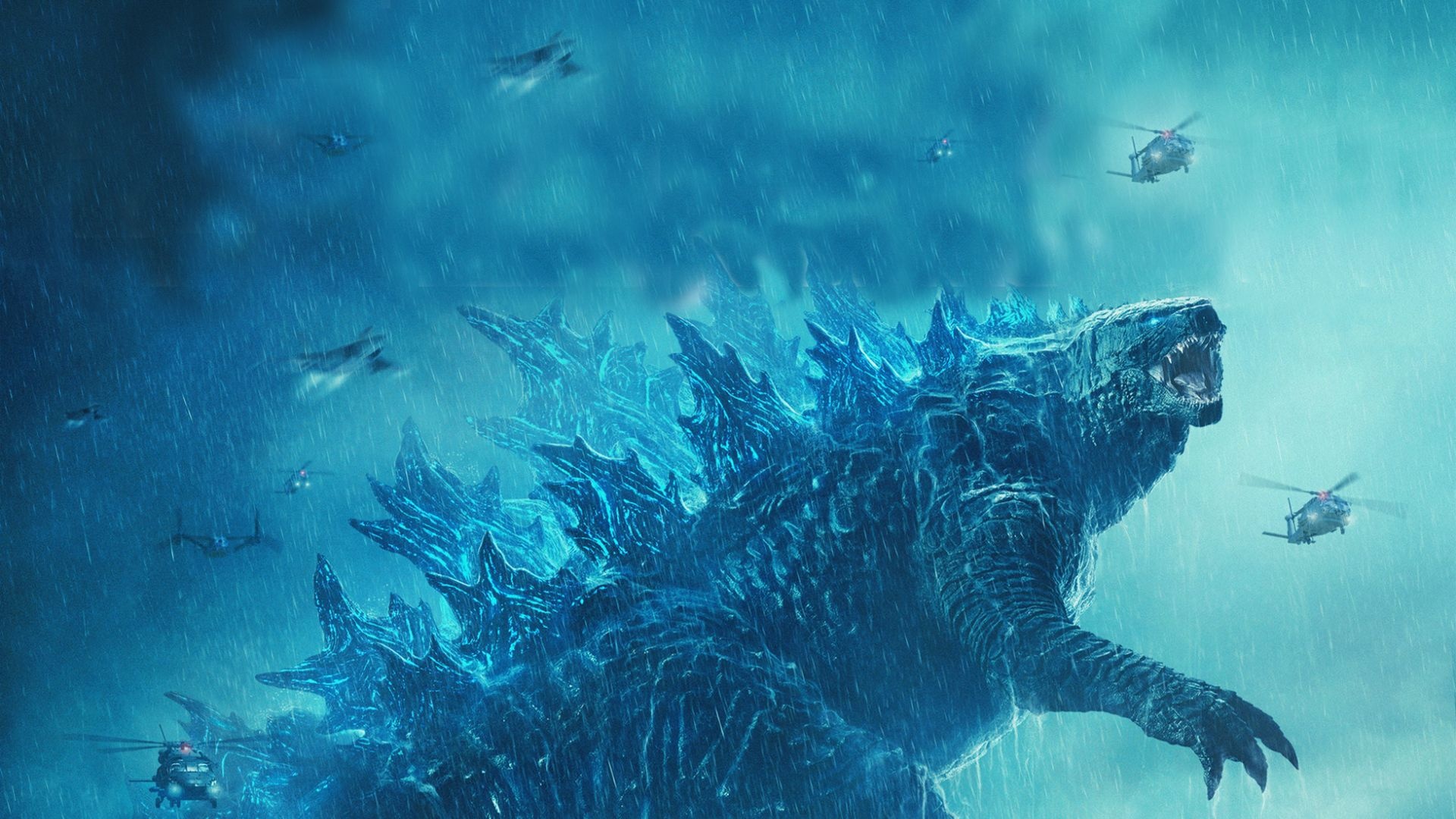 Godzilla roaring, Military helicopters swarm, Stormy blue rain Godzilla roaring, Military helicopters swarm, Stormy blue rain — 1920×1080 HD wallpaper