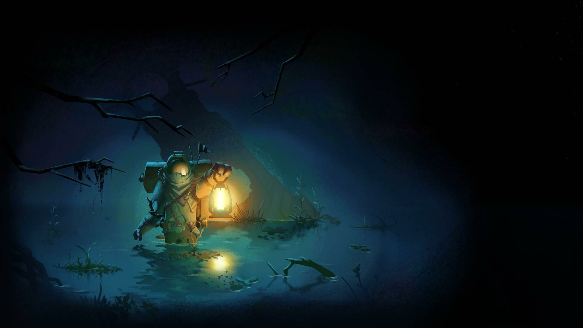 Lantern-lit explorer, Dark swamp night, Bare gnarled tree, Teal moonlight glow — 1920×1080 HD wallpaper