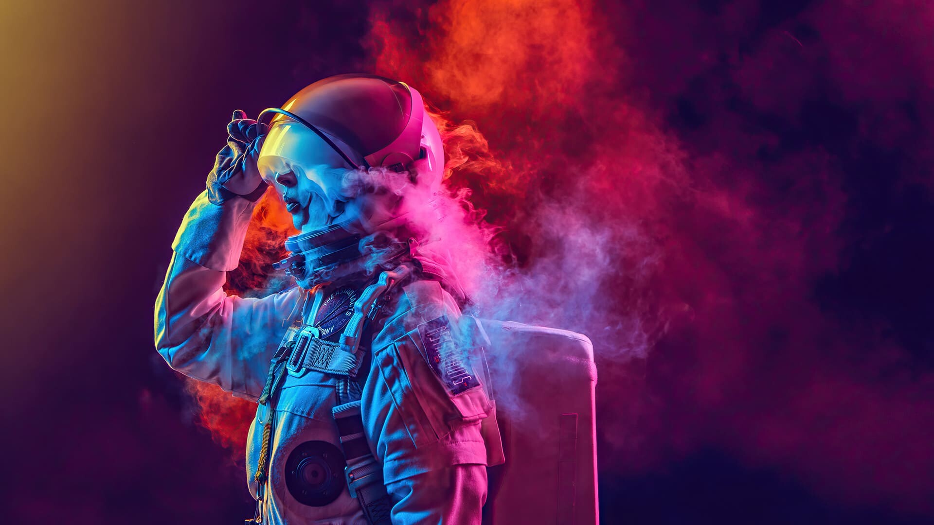 Astronaut lifting visor, Neon pink smoke, Spacesuit patches Astronaut lifting visor, Neon pink smoke, Spacesuit patches — 1920×1080 HD wallpaper