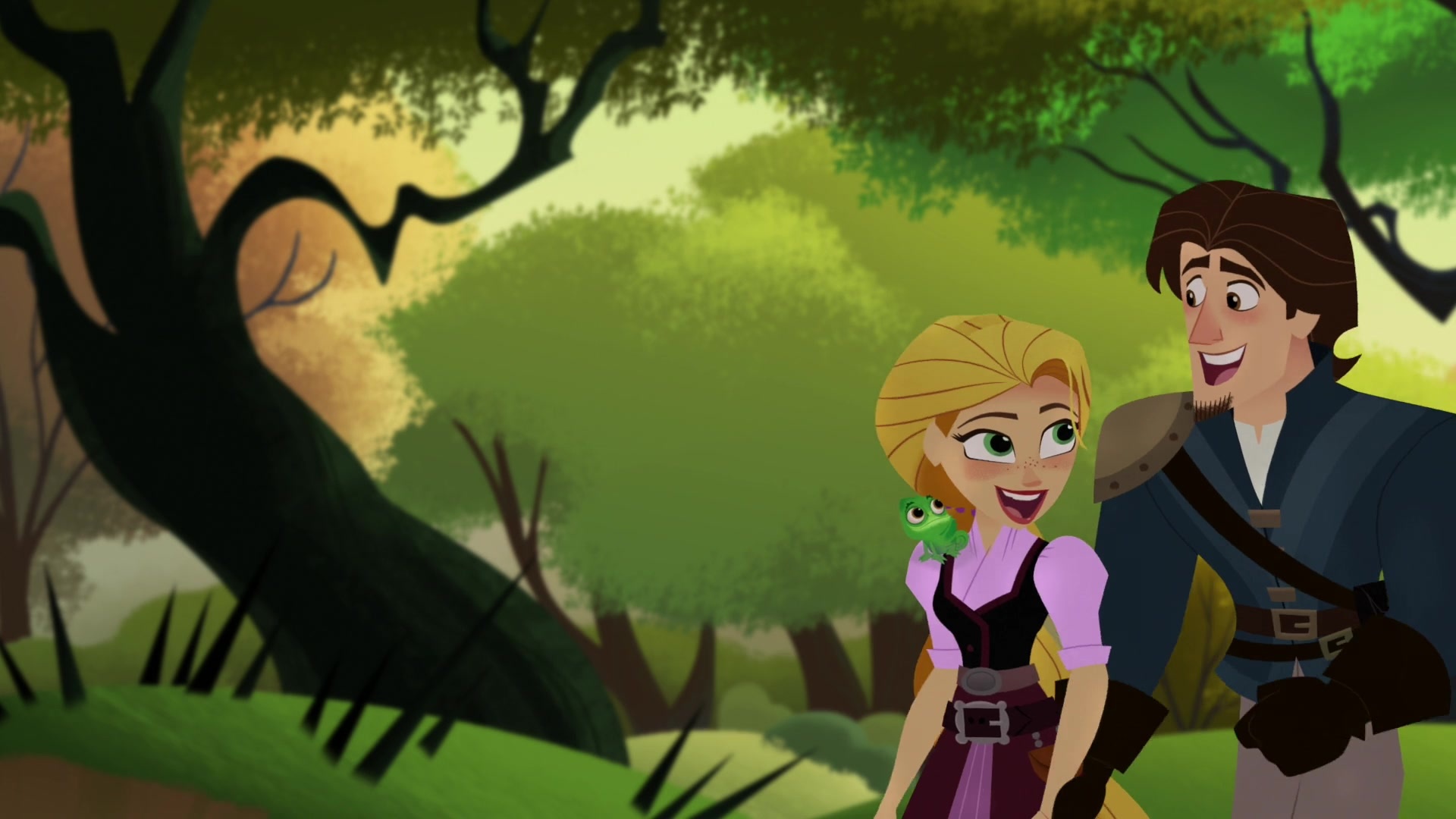 Rapunzel and Flynn Rider, Pascal chameleon, Forest clearing Rapunzel and Flynn Rider, Pascal chameleon, Forest clearing — 1920×1080 HD wallpaper