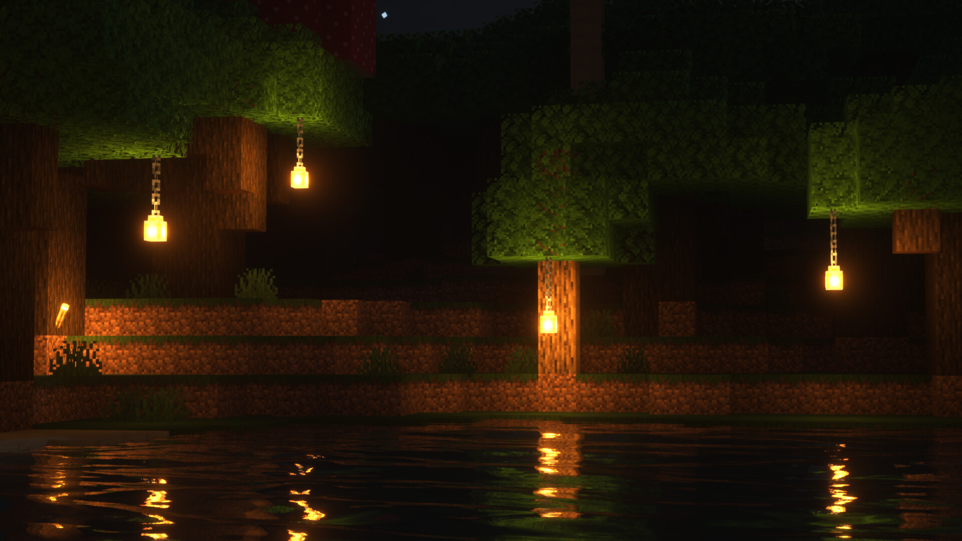 Hanging lanterns night, Lakeside oak trees, Glowing water reflections Hanging lanterns night, Lakeside oak trees, Glowing water reflections — 1920×1080 HD wallpaper