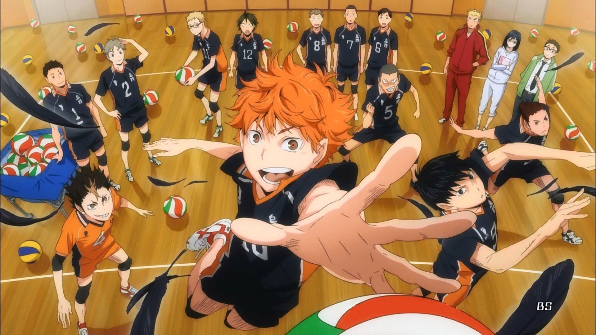 Hinata Shoyo diving, Kageyama Tobio, Karasuno team, Gymnasium court Hinata Shoyo diving, Kageyama Tobio, Karasuno team, Gymnasium court — 1920×1080 HD wallpaper