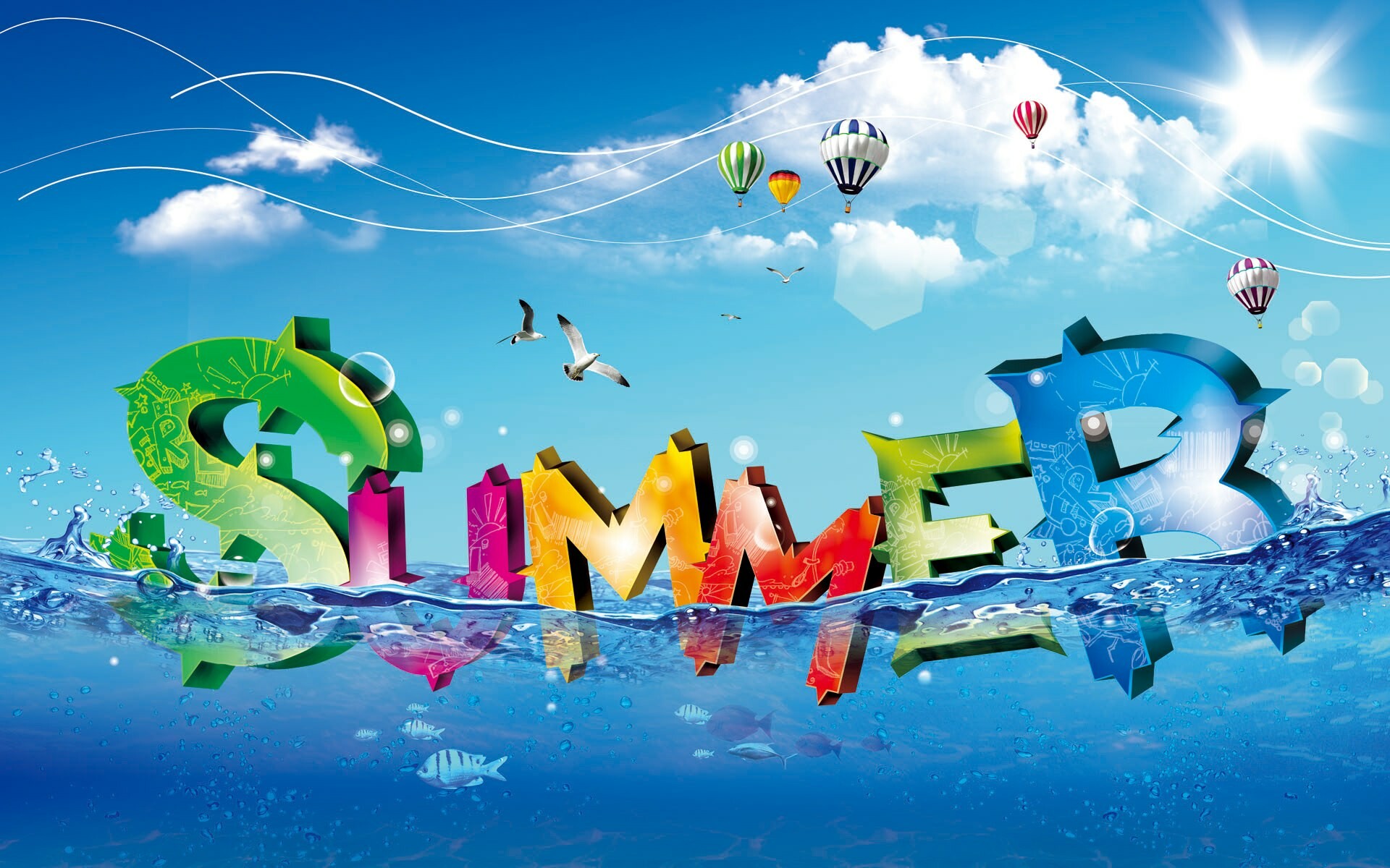 Summer 3D text, Hot air balloons, Seagulls over ocean, Fish underwater Summer 3D text, Hot air balloons, Seagulls over ocean, Fish underwater — 1920×1200 HD wallpaper