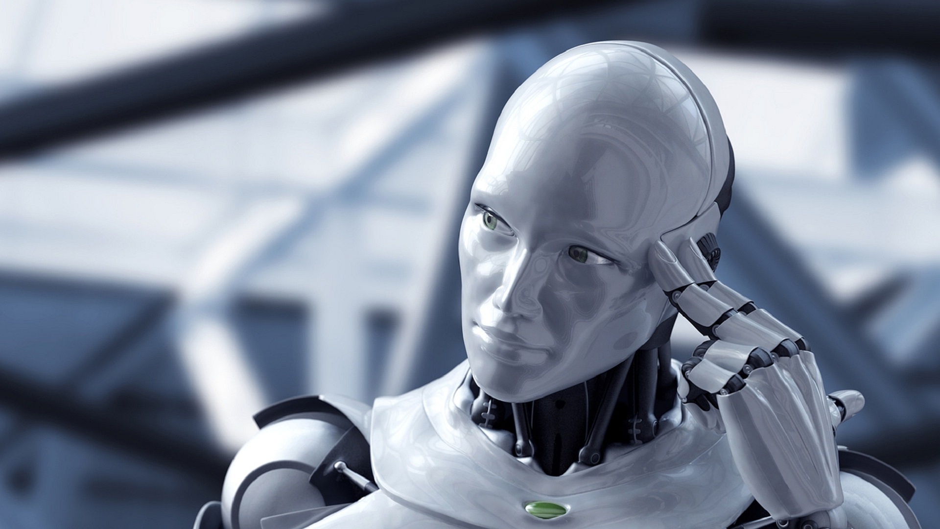 White humanoid android, Thinking hand pose, Industrial blurred interior White humanoid android, Thinking hand pose, Industrial blurred interior — 1920×1080 HD wallpaper