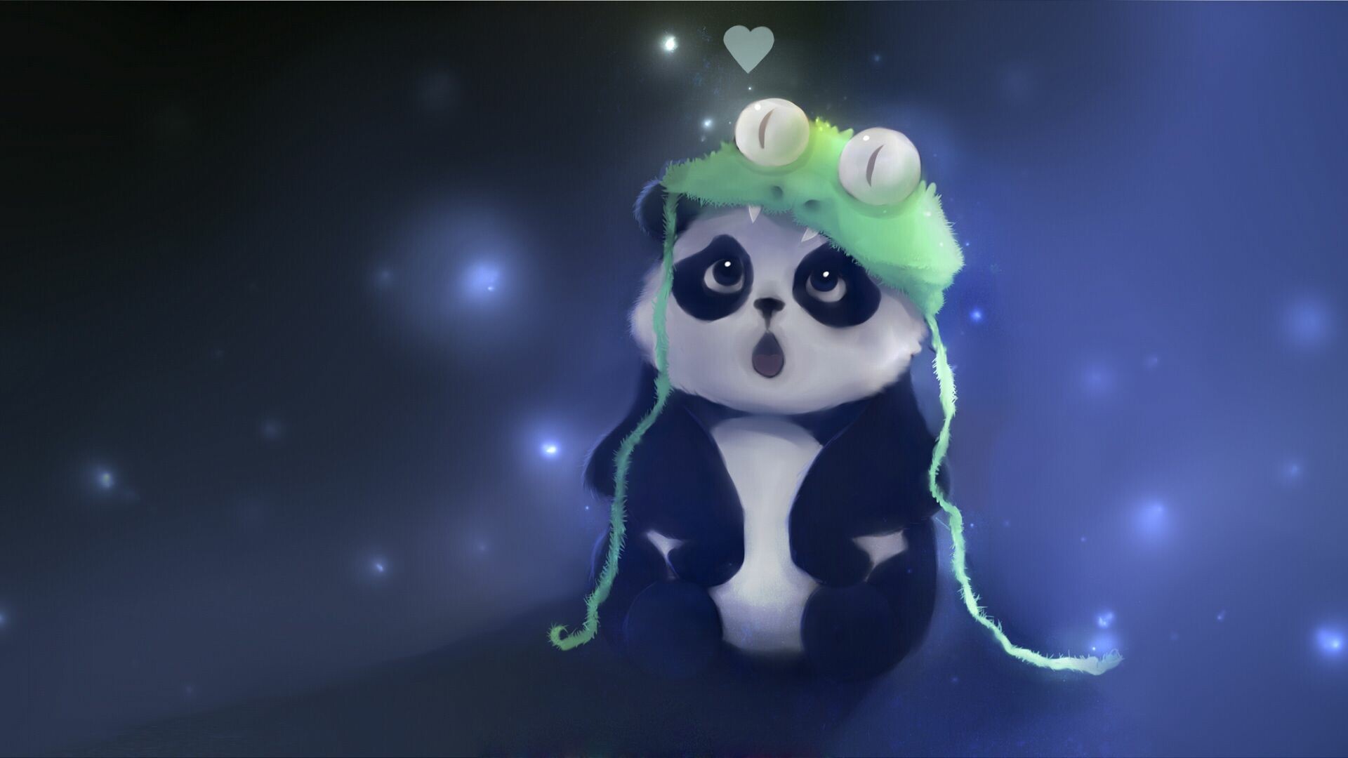 Cartoon baby panda, Green frog hat, White heart symbol Cartoon baby panda, Green frog hat, White heart symbol — 1920×1080 HD wallpaper