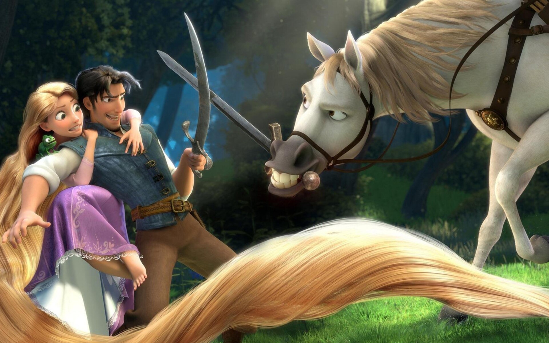Rapunzel, Flynn Rider, Maximus horse, Pascal chameleon Rapunzel, Flynn Rider, Maximus horse, Pascal chameleon — 1920×1200 HD wallpaper