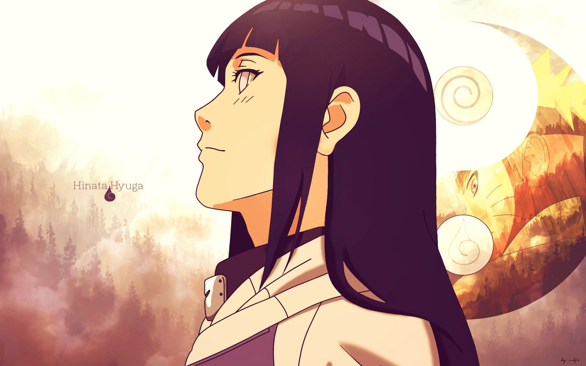 Hinata Hyuga, Side profile portrait, Misty forest backdrop, Warm tones Hinata Hyuga, Side profile portrait, Misty forest backdrop, Warm tones — 1920×1200 HD wallpaper