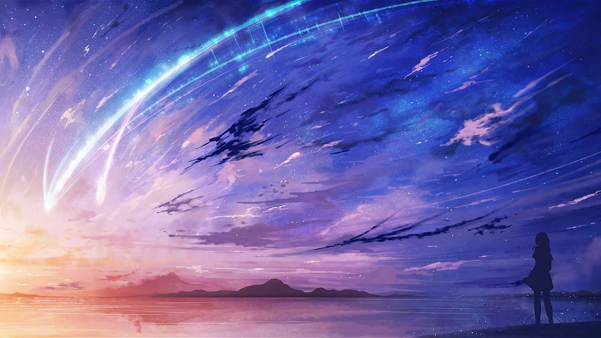 Comet Tiamat arc, Girl silhouette lakeshore, Purple twilight sky — 1920×1080 HD wallpaper