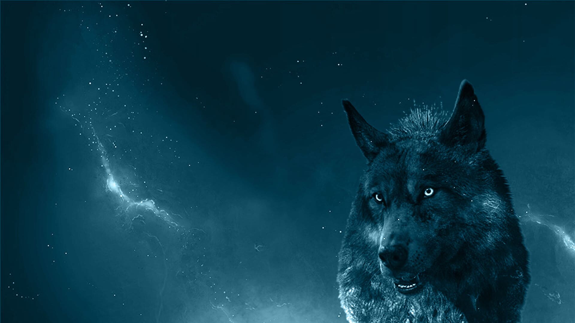 Dark gray wolf, Glowing blue eyes, Cosmic nebula sky Dark gray wolf, Glowing blue eyes, Cosmic nebula sky — 1920×1080 HD wallpaper