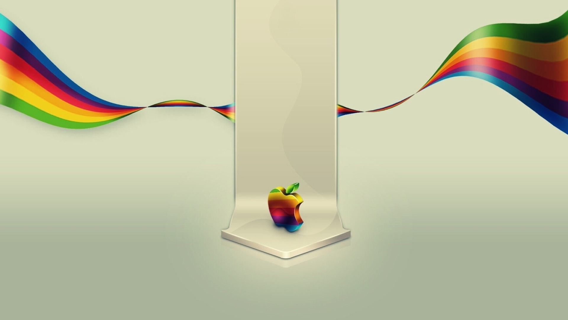 Retro rainbow Apple logo, Glass pedestal display, Rainbow ribbon streamers, Cream beige backdrop Retro rainbow Apple logo, Glass pedestal display, Rainbow ribbon streamers, Cream beige backdrop — 1920×1080 HD wallpaper