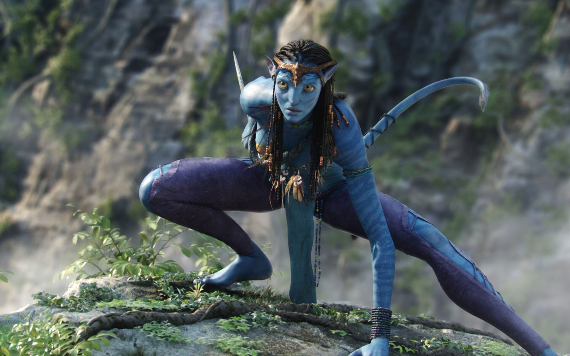 Neytiri, Crouching hunting pose, Pandora jungle cliff — 1920×1200 HD wallpaper