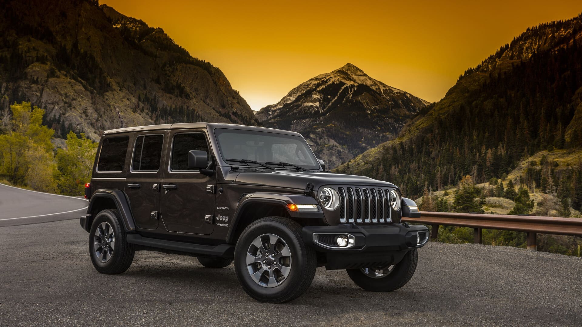 Jeep Wrangler Sahara, Mountain sunset road, Dark brown SUV Jeep Wrangler Sahara, Mountain sunset road, Dark brown SUV — 1920×1080 HD wallpaper