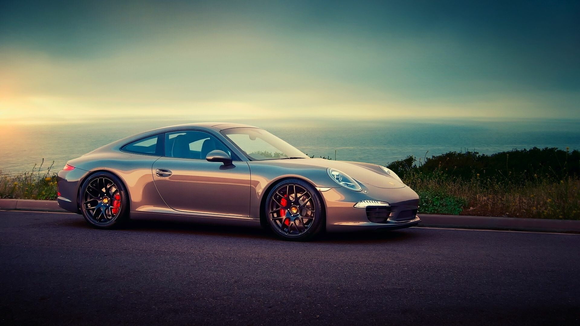 Bronze 911 Carrera S, Red brake calipers, Coastal ocean overlook Bronze 911 Carrera S, Red brake calipers, Coastal ocean overlook — 1920×1080 HD wallpaper