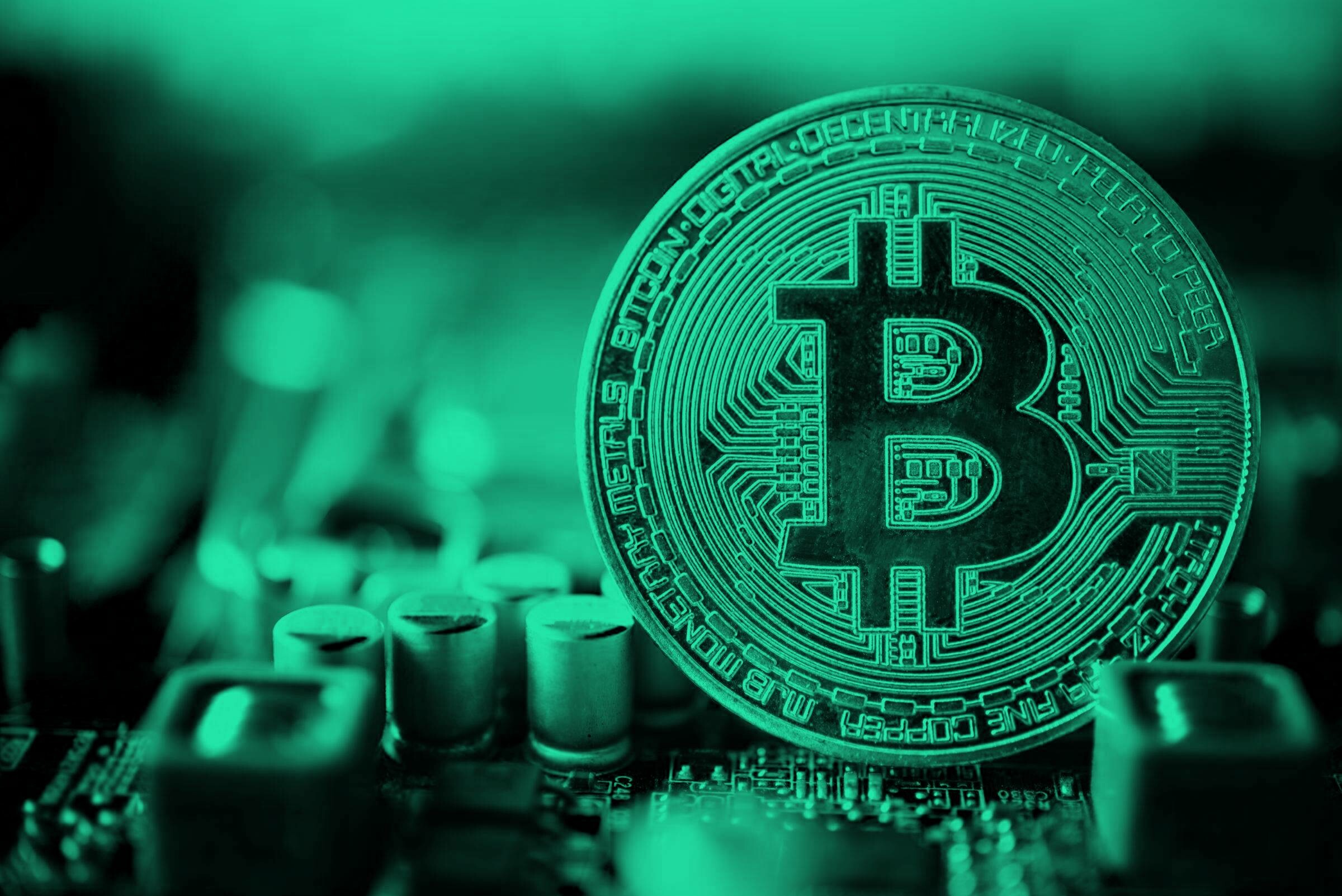 Bitcoin physical coin, Circuit board capacitors, Green monochrome tint — 2400×1602 HD wallpaper