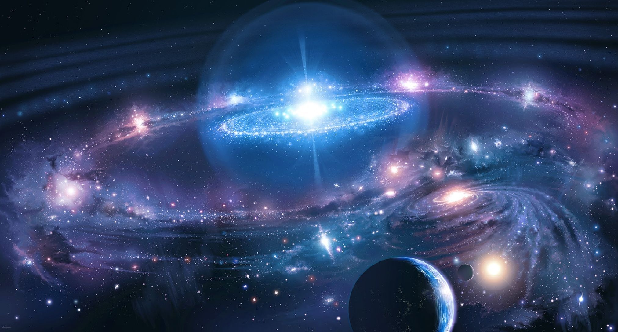 Blue spiral galaxy, Bright star burst, Earth-like planet, Purple nebula clouds Blue spiral galaxy, Bright star burst, Earth-like planet, Purple nebula clouds — 2024×1087 HD wallpaper