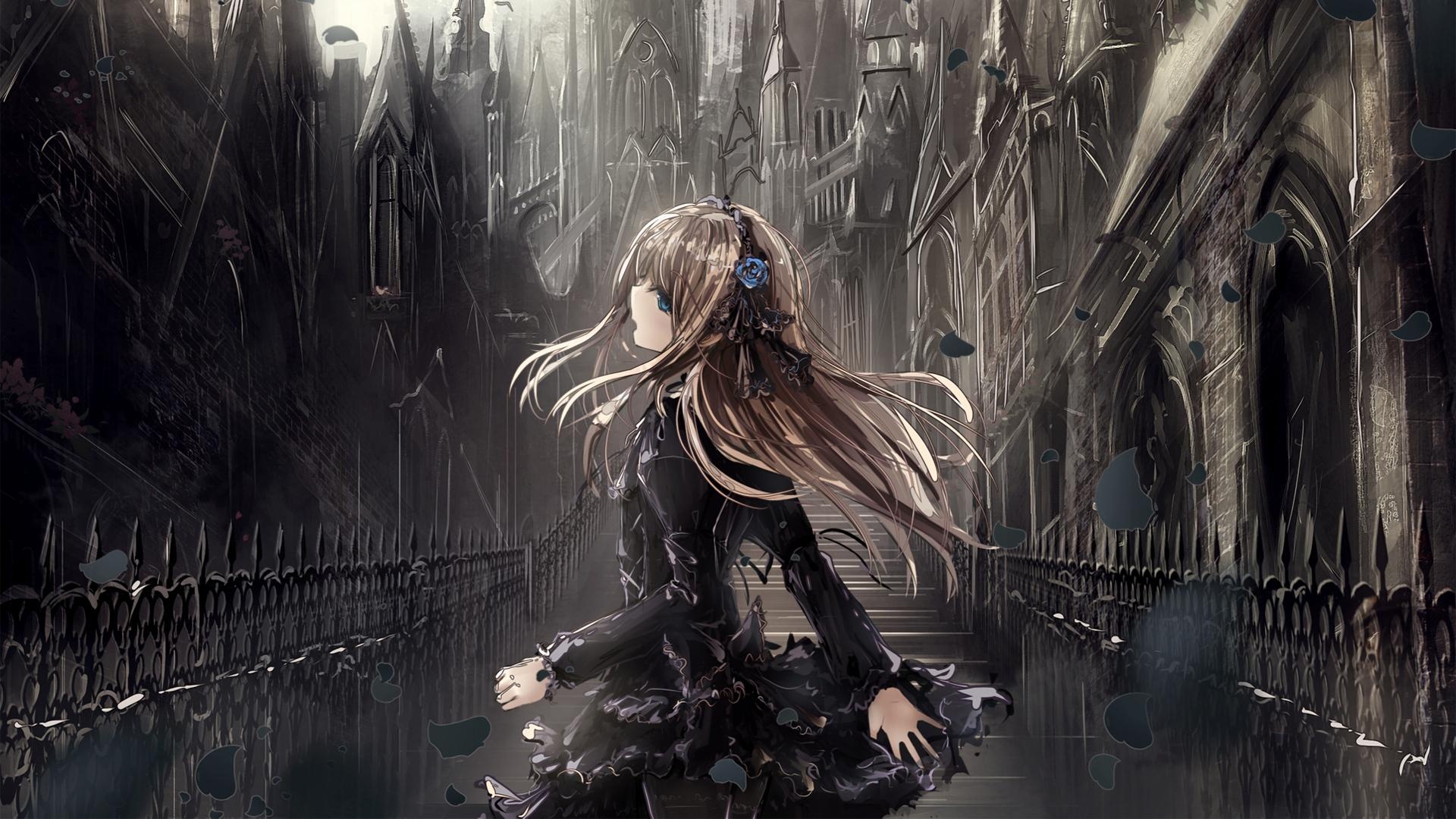 Gothic anime girl, Black lolita dress, Cathedral spires corridor, Blue rose hairpin Gothic anime girl, Black lolita dress, Cathedral spires corridor, Blue rose hairpin — 1920×1080 HD wallpaper