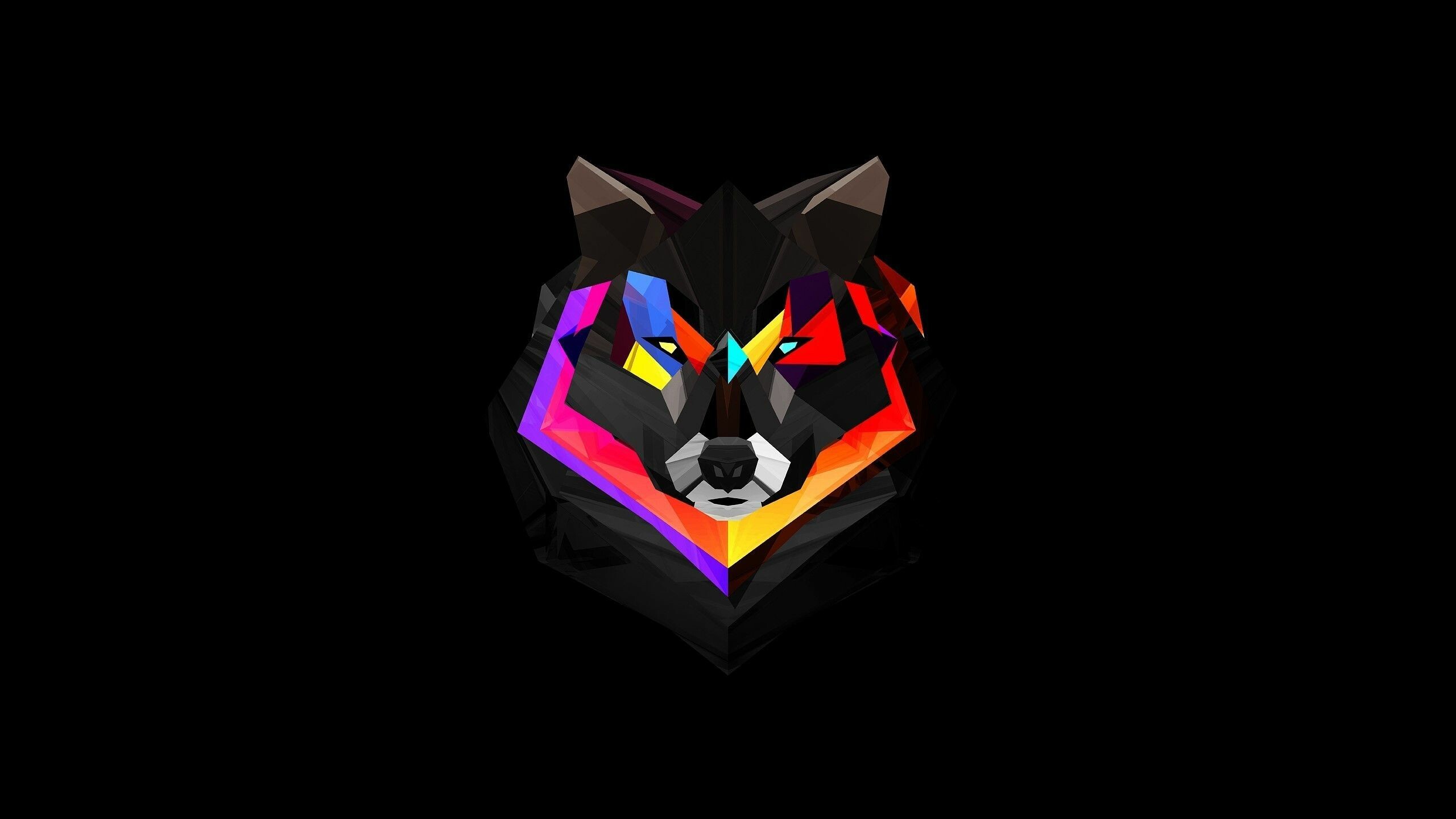 Geometric wolf head, Neon polygon art, Black minimal backdrop Geometric wolf head, Neon polygon art, Black minimal backdrop — 2560×1440 HD wallpaper