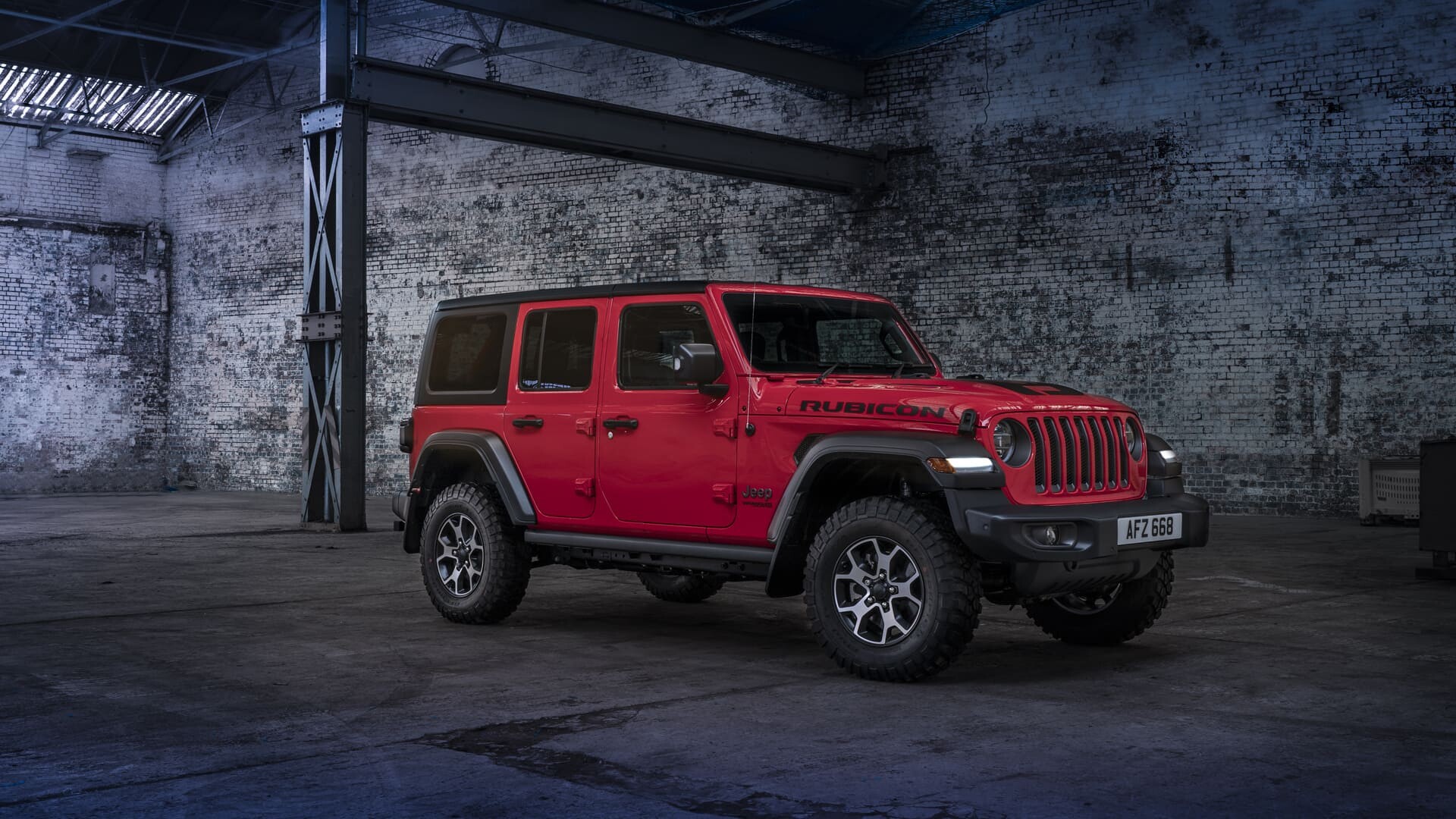 Jeep Wrangler Rubicon, Red four-door SUV, Industrial brick warehouse Jeep Wrangler Rubicon, Red four-door SUV, Industrial brick warehouse — 1920×1080 HD wallpaper