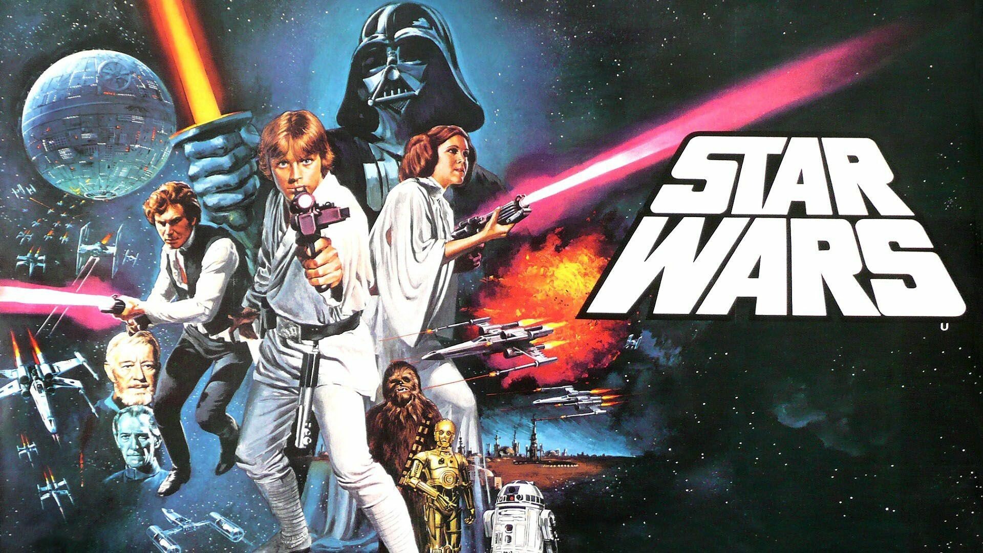 Luke Skywalker, Princess Leia Organa and Han Solo, Darth Vader, Obi-Wan Kenobi, Chewbacca with C-3PO and R2-D2, Death Star, X-wing, A New Hope (1977) poster — 1920×1080 HD wallpaper