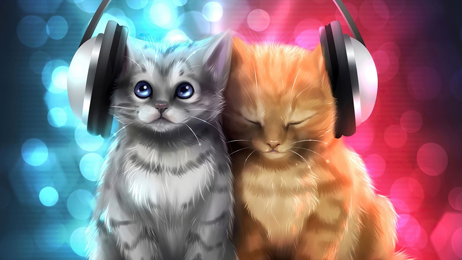 Two cats headphones, Grey tabby kitten, Orange kitten, Blue red bokeh Two cats headphones, Grey tabby kitten, Orange kitten, Blue red bokeh — 1920×1080 HD wallpaper