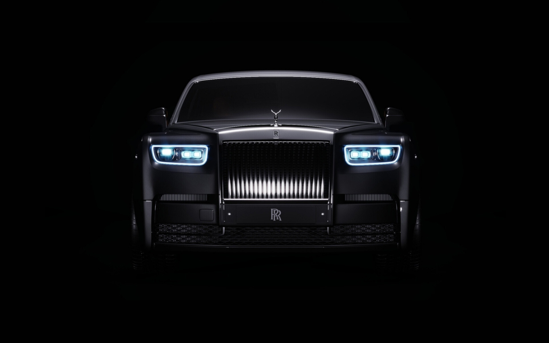 Rolls-Royce Phantom VIII front view, Glowing LED headlights, Pitch-black backdrop Rolls-Royce Phantom VIII front view, Glowing LED headlights, Pitch-black backdrop — 1920×1200 HD wallpaper
