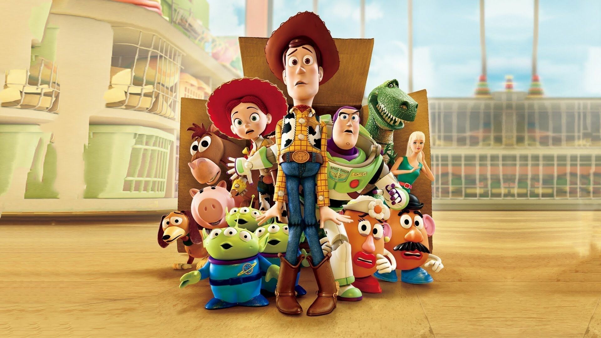 Woody cowboy toy, Buzz Lightyear spaceman, Jessie cowgirl, Toy store aisle Woody cowboy toy, Buzz Lightyear spaceman, Jessie cowgirl, Toy store aisle — 1920×1080 HD wallpaper