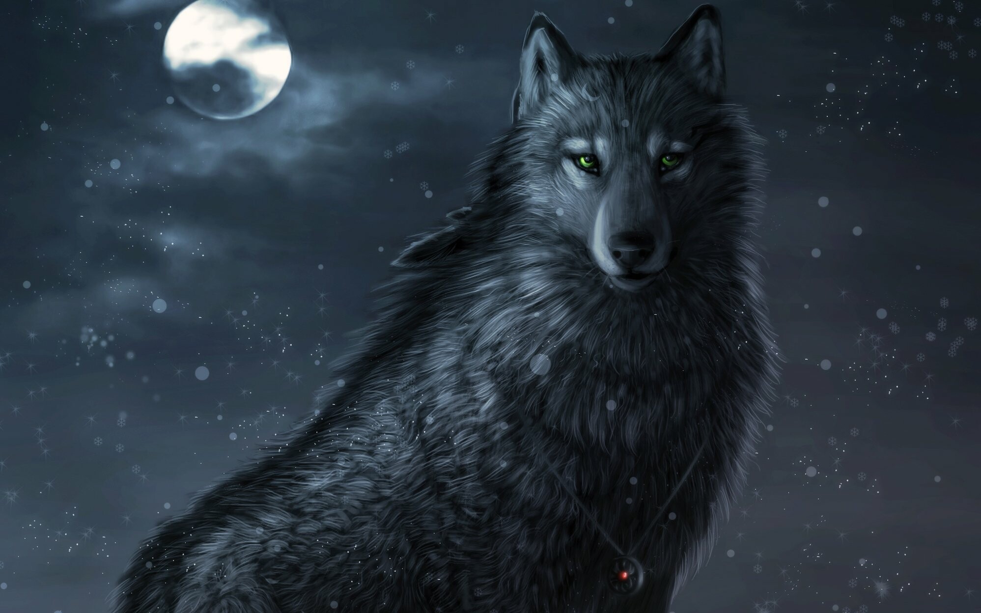 Green-eyed black wolf, Full moon night sky, Red gem pendant Green-eyed black wolf, Full moon night sky, Red gem pendant — 1997×1248 HD wallpaper