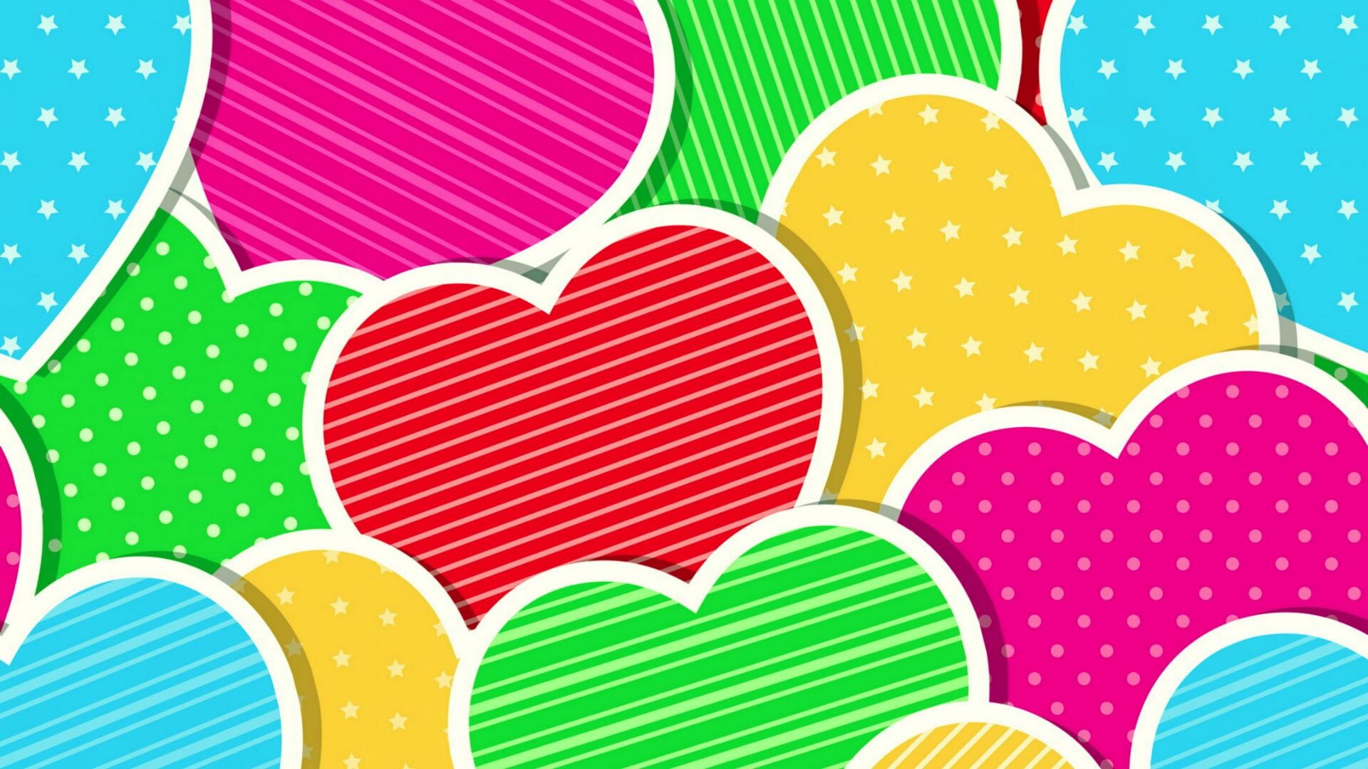 Patterned heart stickers, Polka dots and stripes, Colorful star background Patterned heart stickers, Polka dots and stripes, Colorful star background — 1920×1080 HD wallpaper
