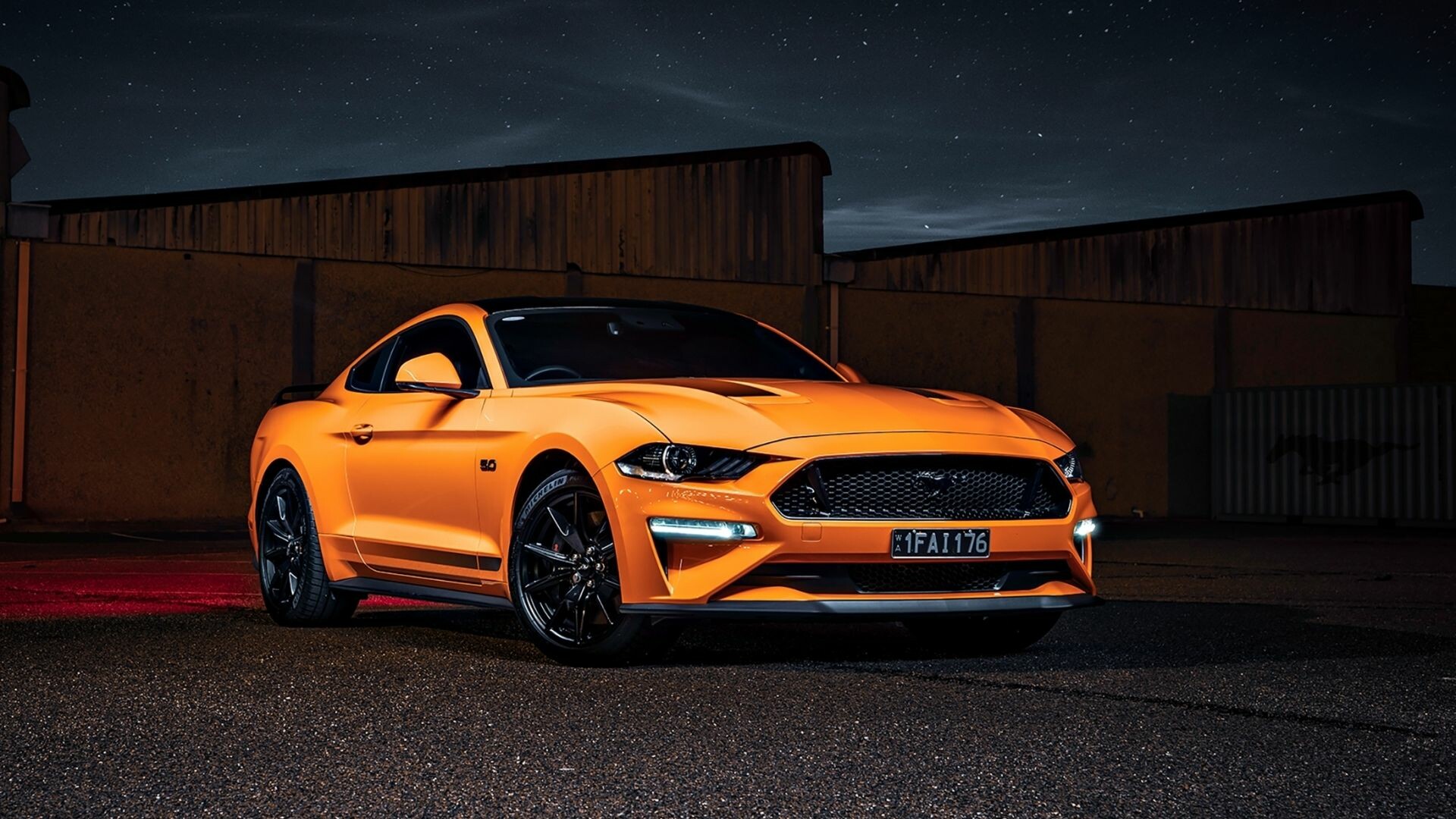 Ford Mustang GT, Orange coupe night, 1FAI176 license plate Ford Mustang GT, Orange coupe night, 1FAI176 license plate — 1920×1080 HD wallpaper
