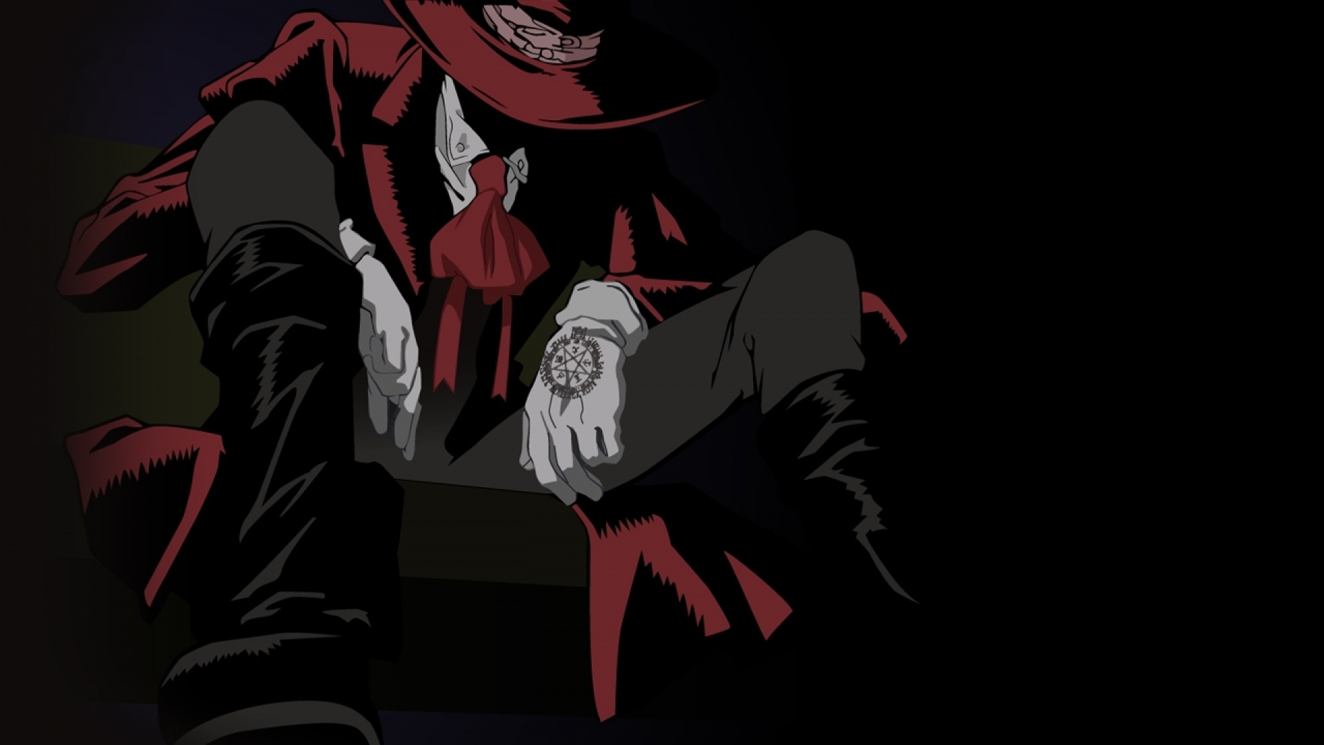 Alucard seated, Red fedora coat, Glyph-sigil white gloves Alucard seated, Red fedora coat, Glyph-sigil white gloves — 1920×1080 HD wallpaper