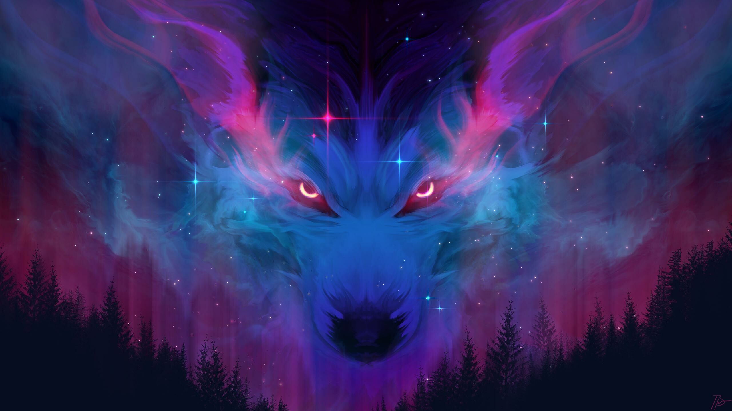 Cosmic wolf spirit, Glowing red eyes, Pine forest silhouette Cosmic wolf spirit, Glowing red eyes, Pine forest silhouette — 2560×1440 HD wallpaper