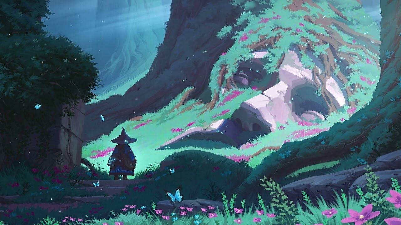 Cloaked witch figure, Moss-covered giant skull, Glowing blue butterflies, Forest clearing Cloaked witch figure, Moss-covered giant skull, Glowing blue butterflies, Forest clearing — 1280×720 HD wallpaper