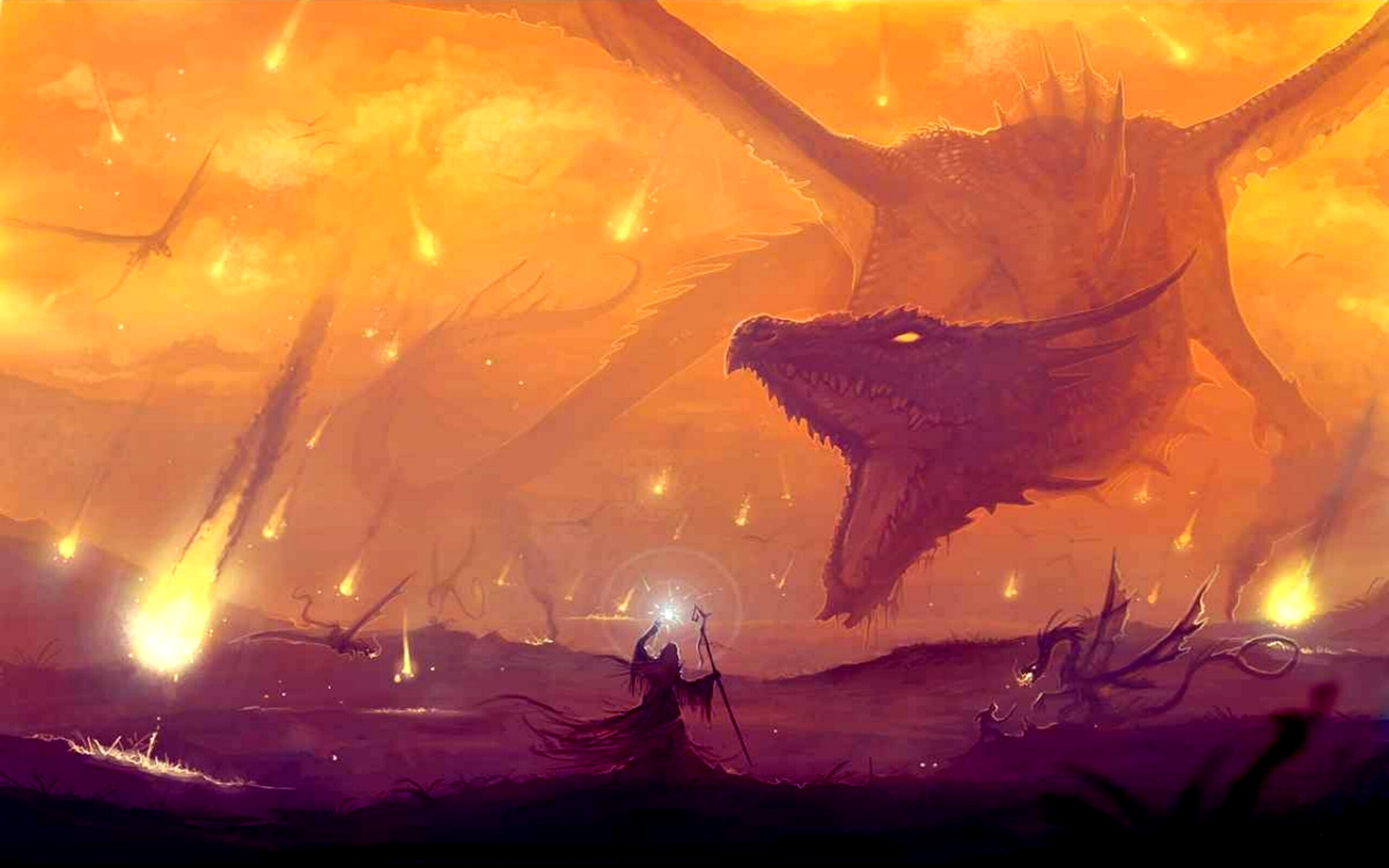 Giant orange dragon, Robed wizard with staff, Falling meteors, Fiery orange sky — 2560×1600 HD wallpaper