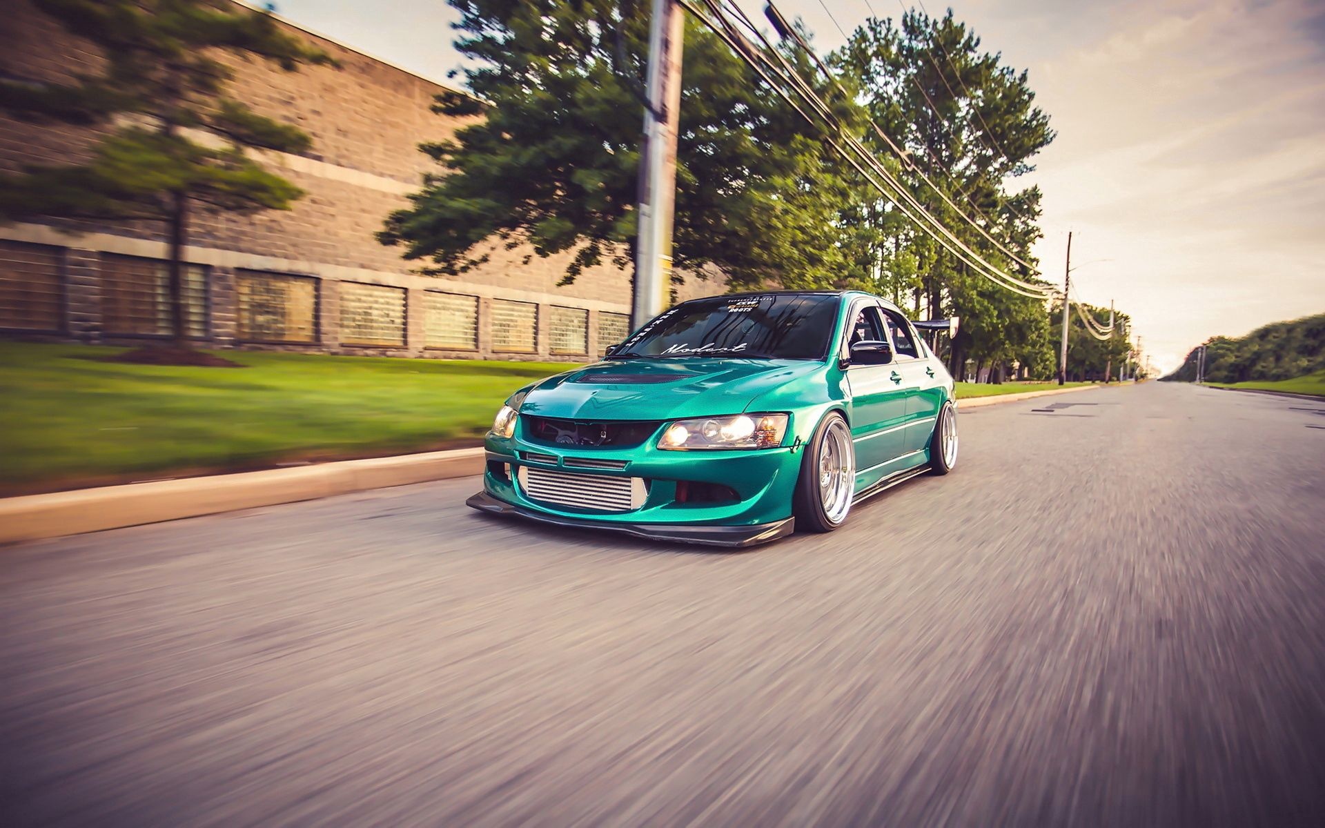 Mitsubishi Lancer Evo IX, Teal stanced sedan, Motion blur street Mitsubishi Lancer Evo IX, Teal stanced sedan, Motion blur street — 1920×1200 HD wallpaper