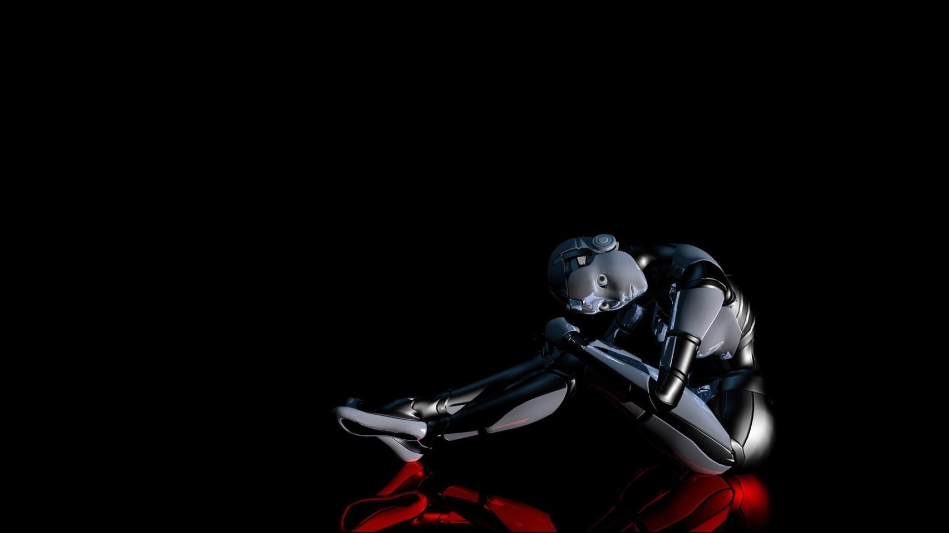 Sitting humanoid robot, Reflective black surface, Dark minimalist scene Sitting humanoid robot, Reflective black surface, Dark minimalist scene — 1920×1080 HD wallpaper