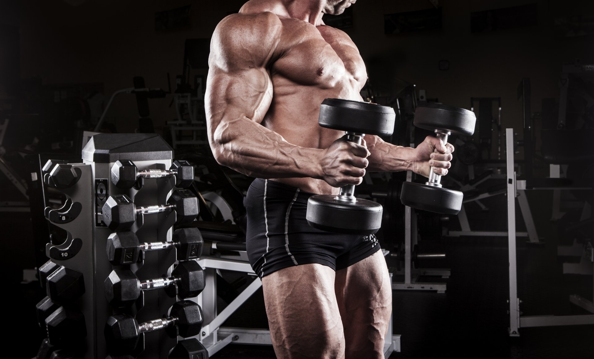 Muscular bodybuilder torso, Dumbbells bicep curl, Dark gym weight rack Muscular bodybuilder torso, Dumbbells bicep curl, Dark gym weight rack — 1920×1162 HD wallpaper