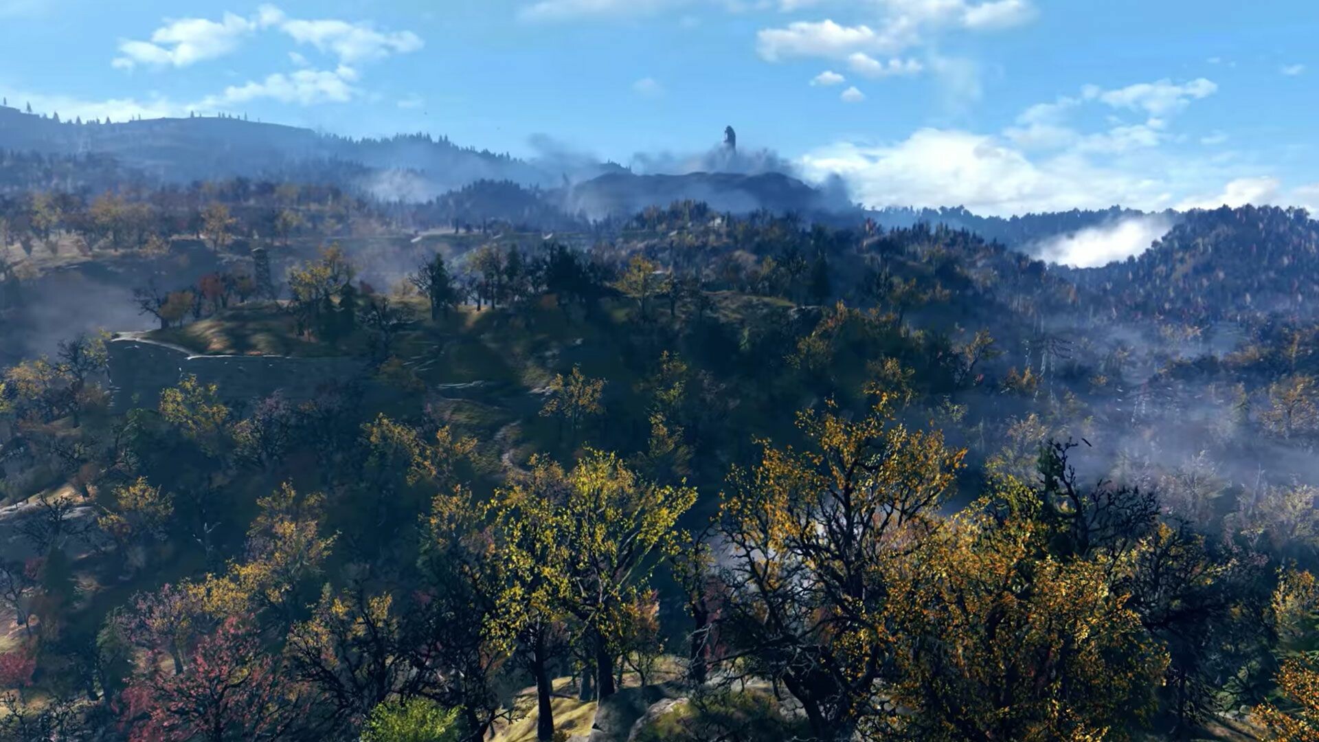 Fallout 76 Appalachia, Misty autumn forest hills, Blue sky Fallout 76 Appalachia, Misty autumn forest hills, Blue sky — 1920×1080 HD wallpaper