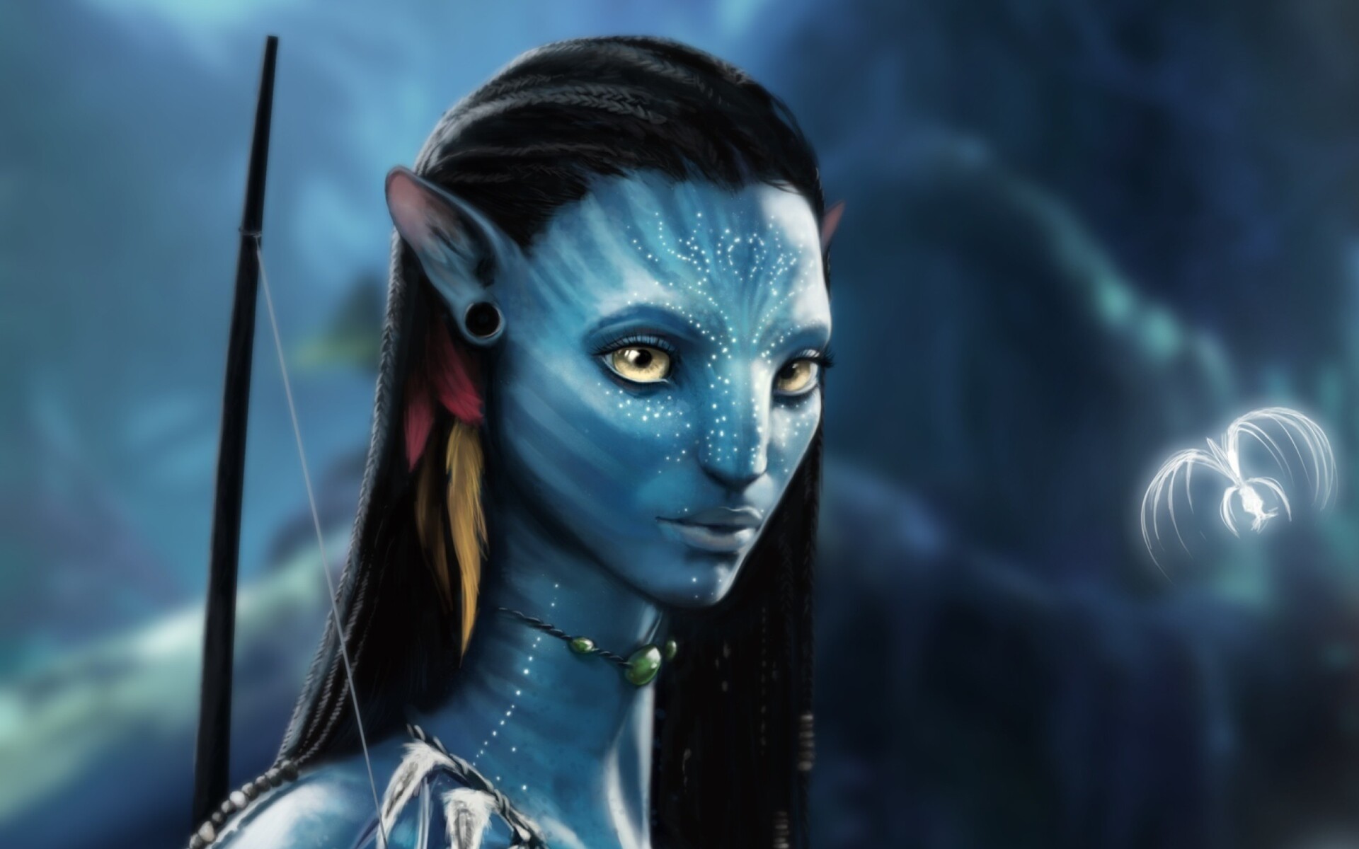 Neytiri, Pandora rainforest backdrop, Blue glow — 1920×1200 HD wallpaper