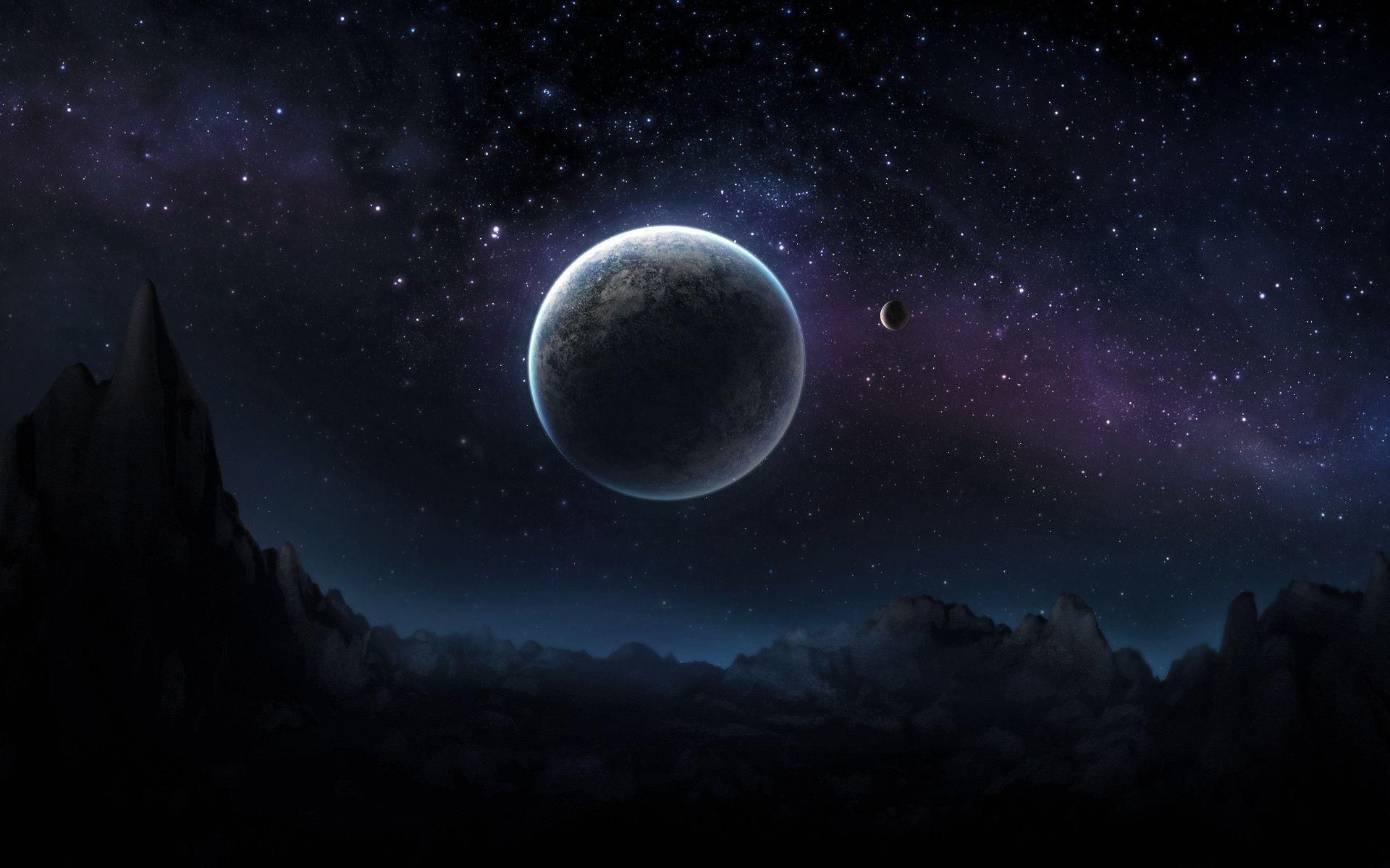 Planet over alien terrain, Starry space nebula, Orbiting moon Planet over alien terrain, Starry space nebula, Orbiting moon — 1920×1200 HD wallpaper
