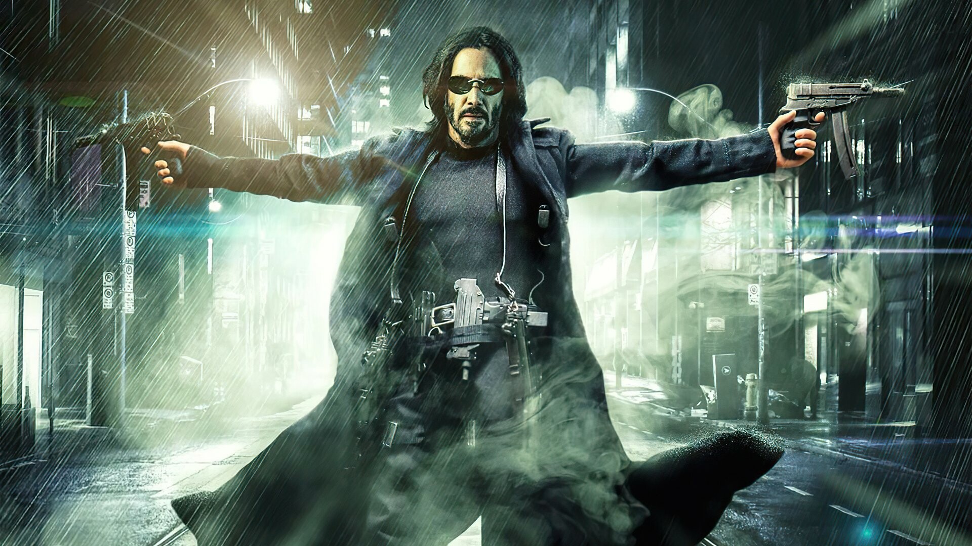 Neo Keanu Reeves, Matrix Resurrections, Dual pistols outstretched Neo Keanu Reeves, Matrix Resurrections, Dual pistols outstretched — 1920×1080 HD wallpaper