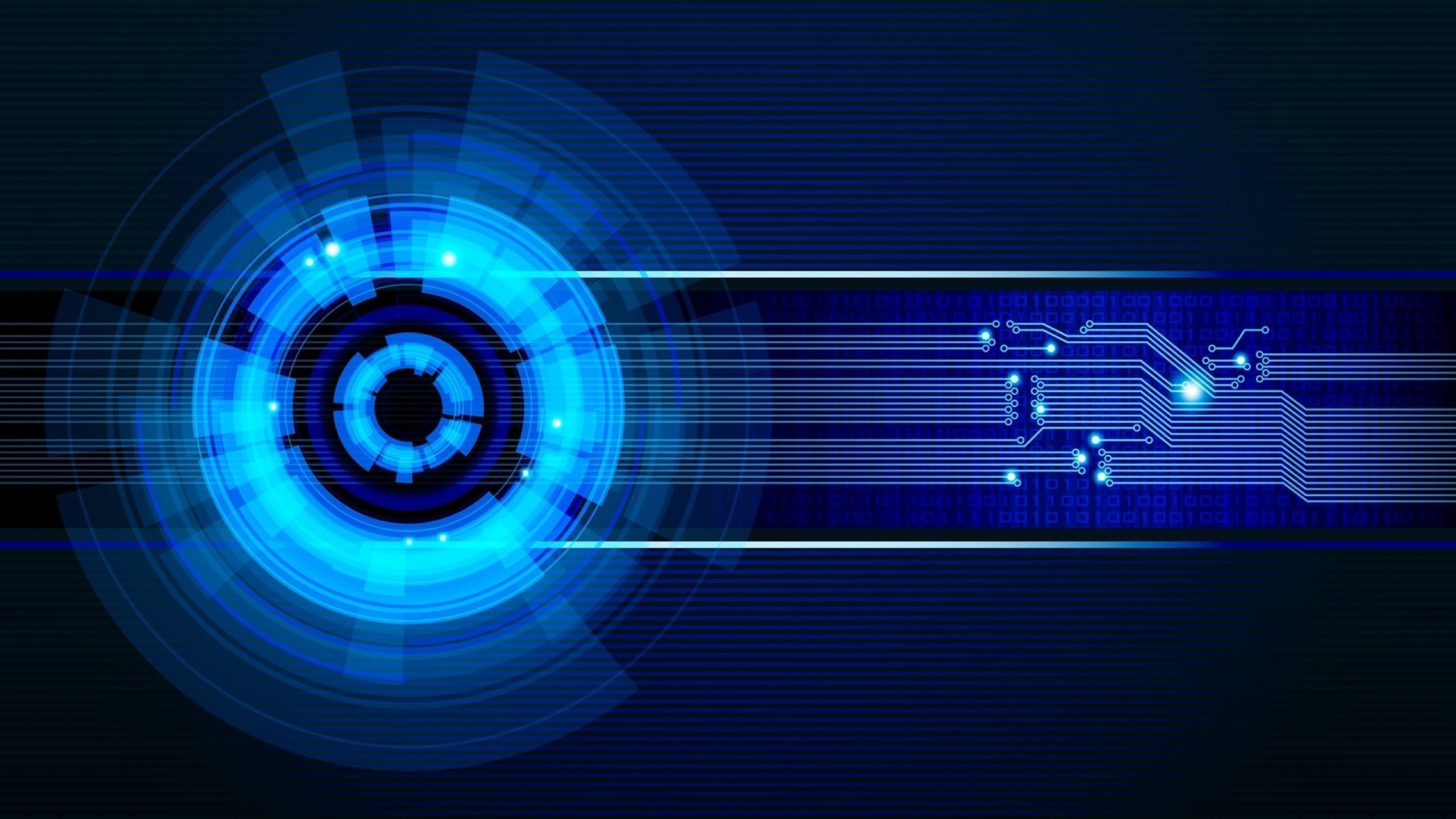 Blue HUD circle interface, Circuit board traces, Binary code streams — 2560×1440 HD wallpaper