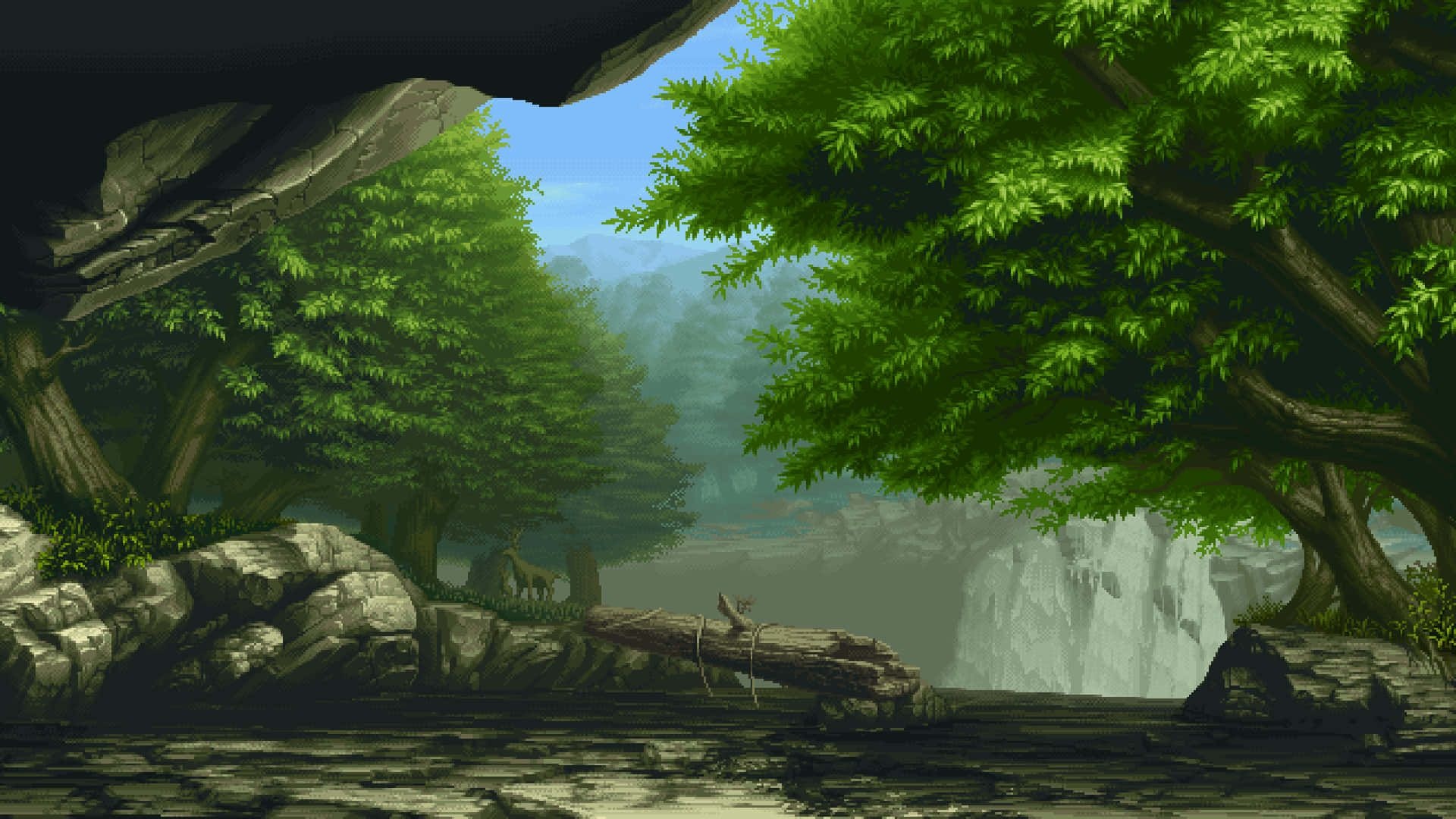 Pixel art forest clearing, Deer near fallen log, Rocky cliff waterfall Pixel art forest clearing, Deer near fallen log, Rocky cliff waterfall — 1920×1080 HD wallpaper