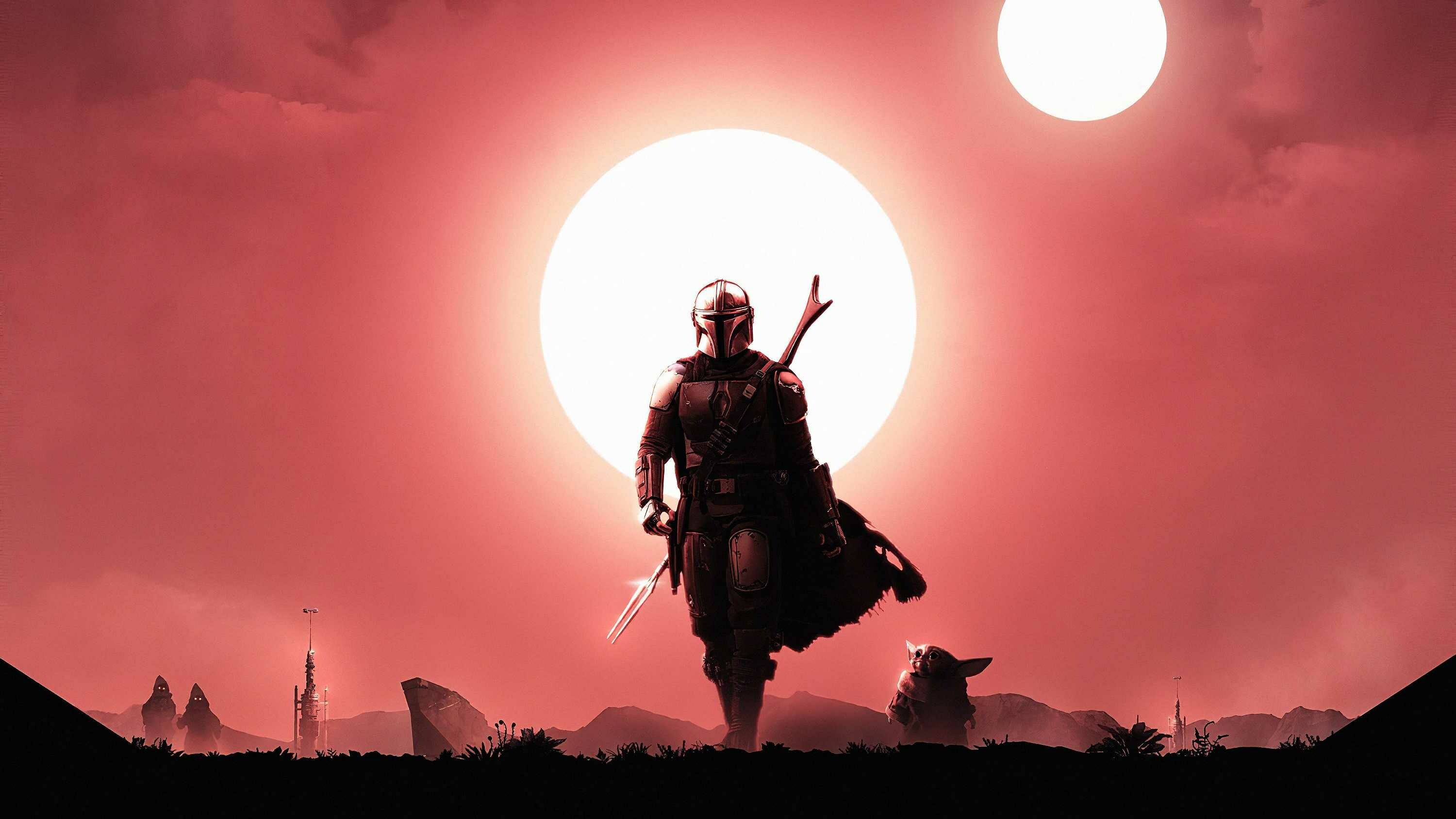 Din Djarin, Grogu silhouette, Twin suns desert — 3000×1688 HD wallpaper