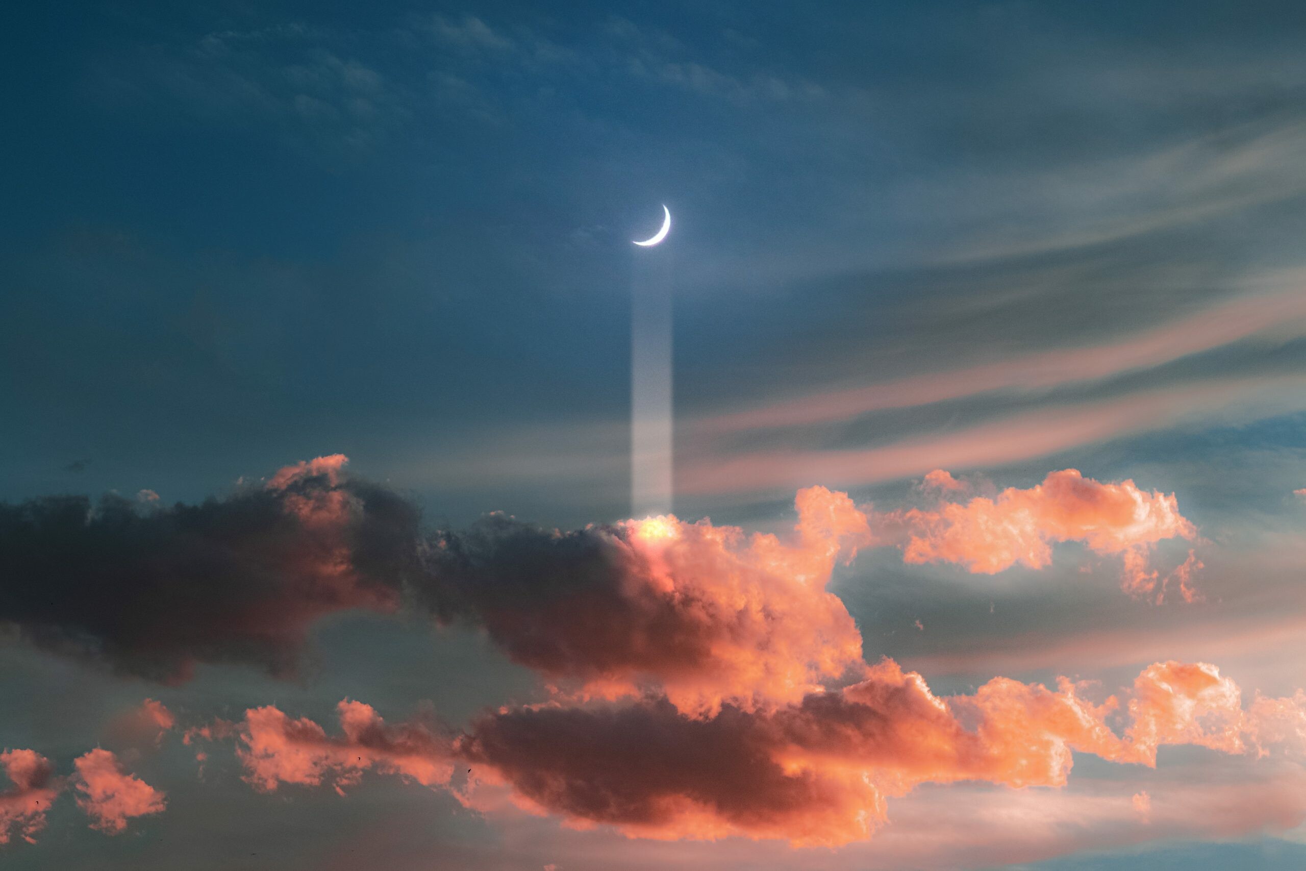 Crescent moon light beam, Pink sunset cumulus clouds, Twilight blue sky Crescent moon light beam, Pink sunset cumulus clouds, Twilight blue sky — 2560×1707 HD wallpaper