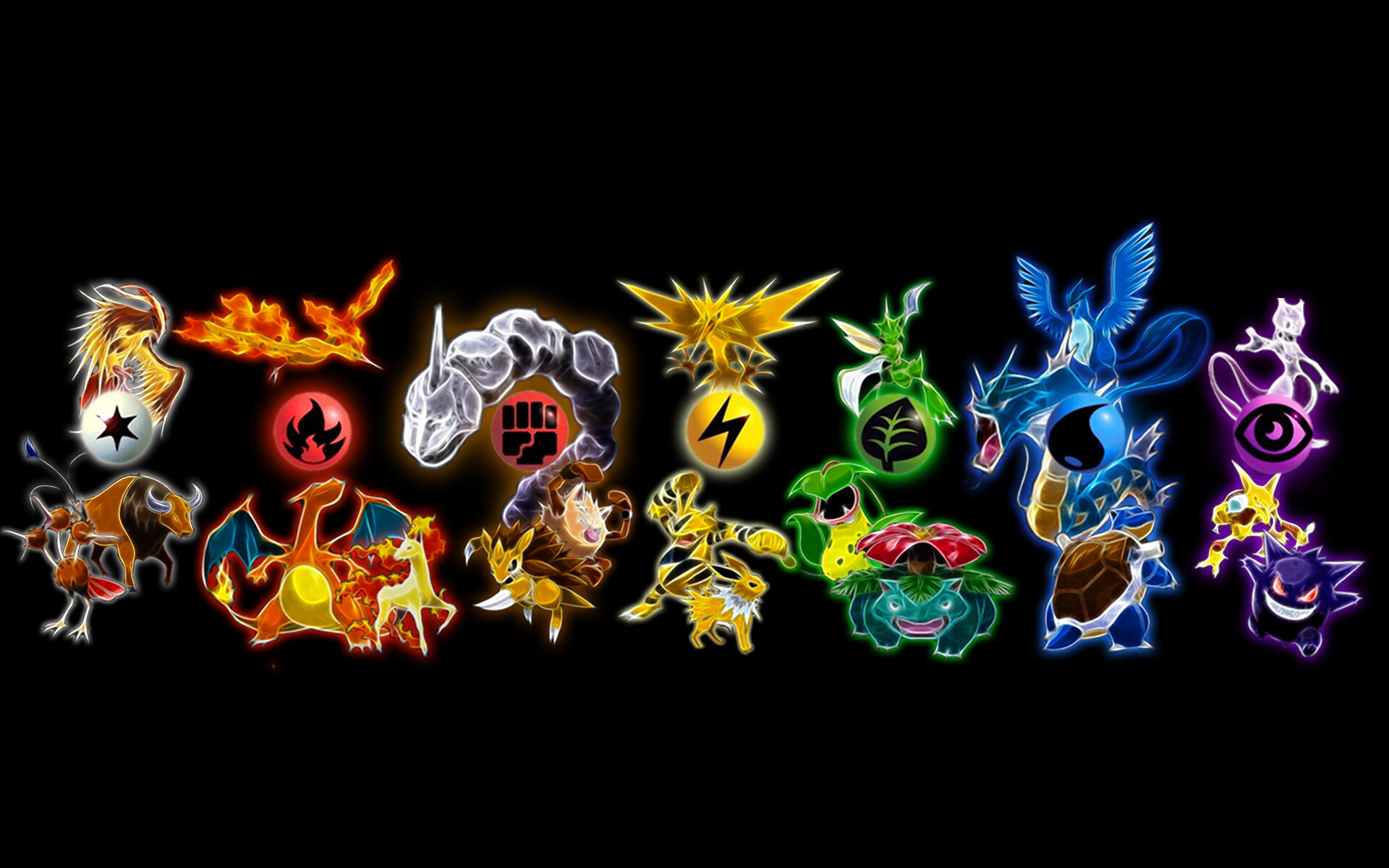 Mewtwo, Charizard, Gengar, Legendary birds trio Mewtwo, Charizard, Gengar, Legendary birds trio — 1920×1200 HD wallpaper