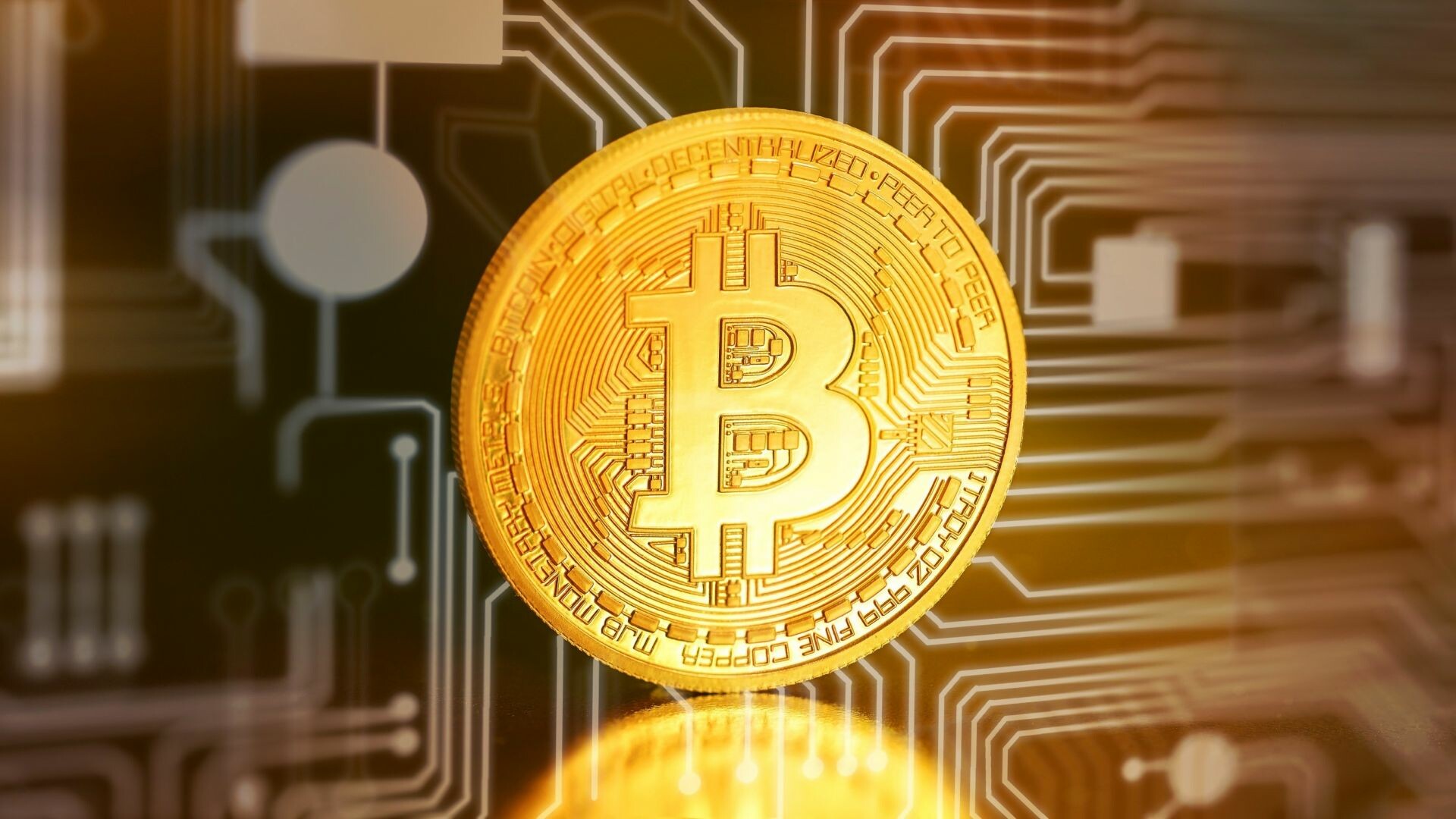 Golden Bitcoin coin, Circuit board pattern, Decentralized Peer to Peer Golden Bitcoin coin, Circuit board pattern, Decentralized Peer to Peer — 1920×1080 HD wallpaper